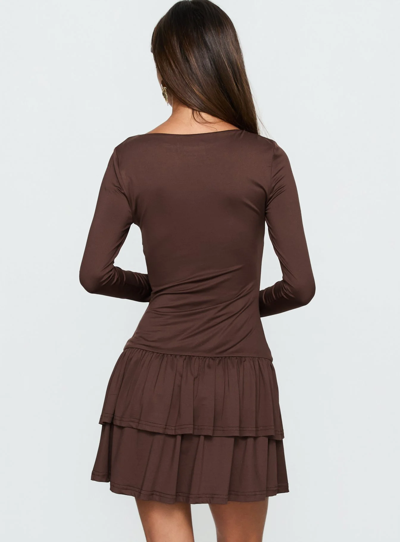 Mallissa Long Sleeve Ruffled Mini Dress Brown - Image 4