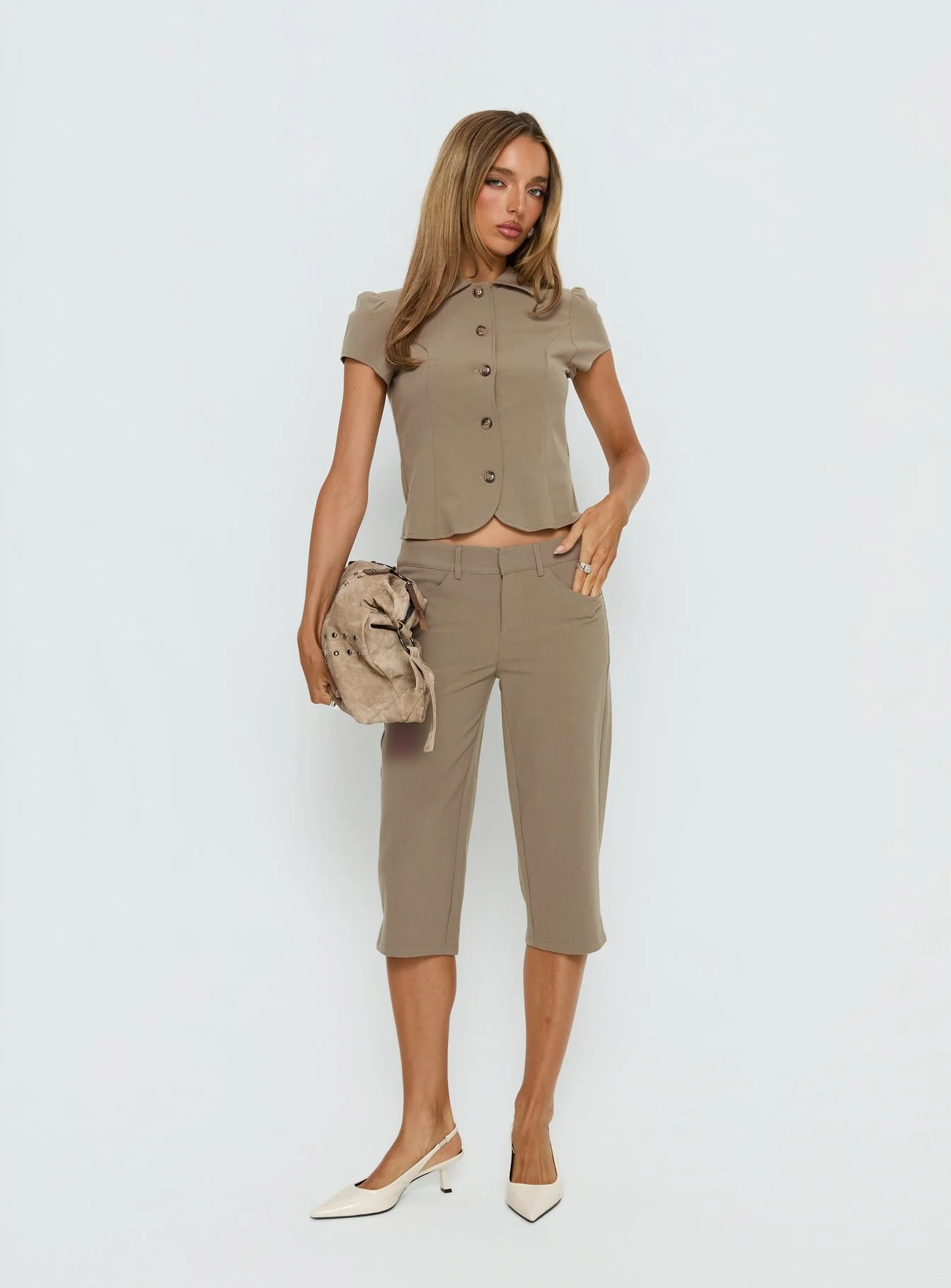 Maorah Button Up Tailored Collared Blouse Top Taupe - Image 3