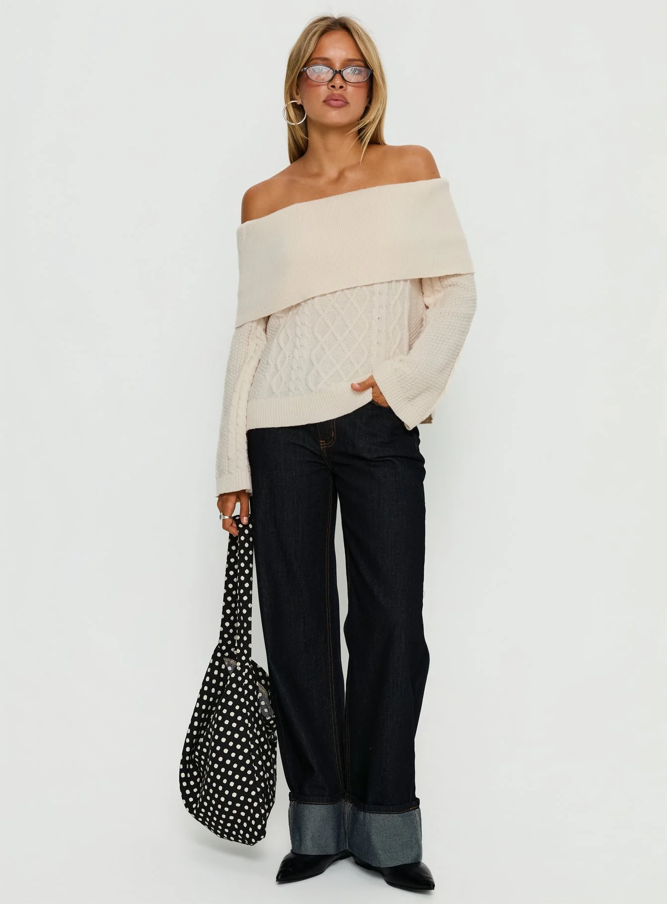 Margarete Off Shoulder Knit Sweater Cream - Image 3