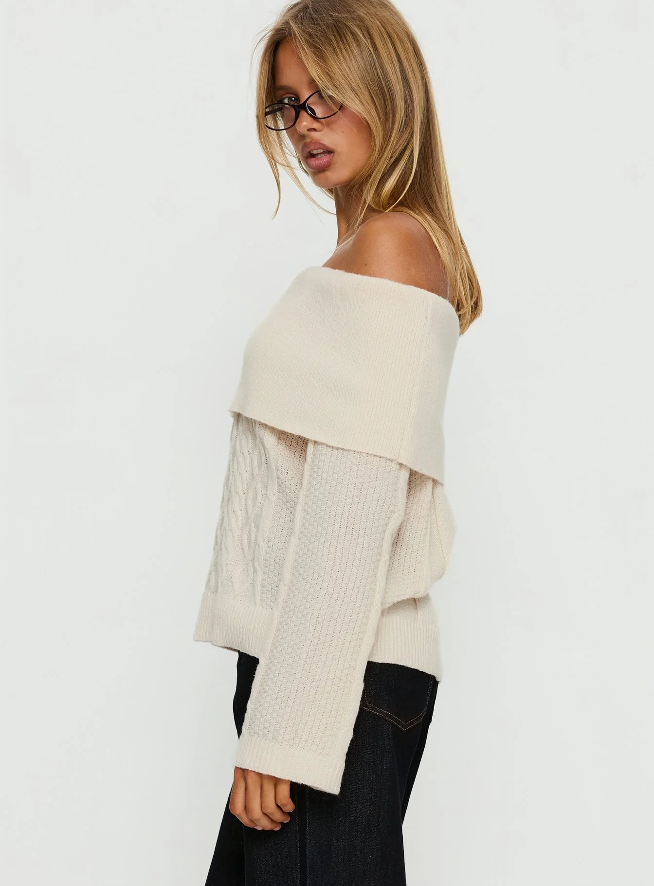 Margarete Off Shoulder Knit Sweater Cream - Image 4