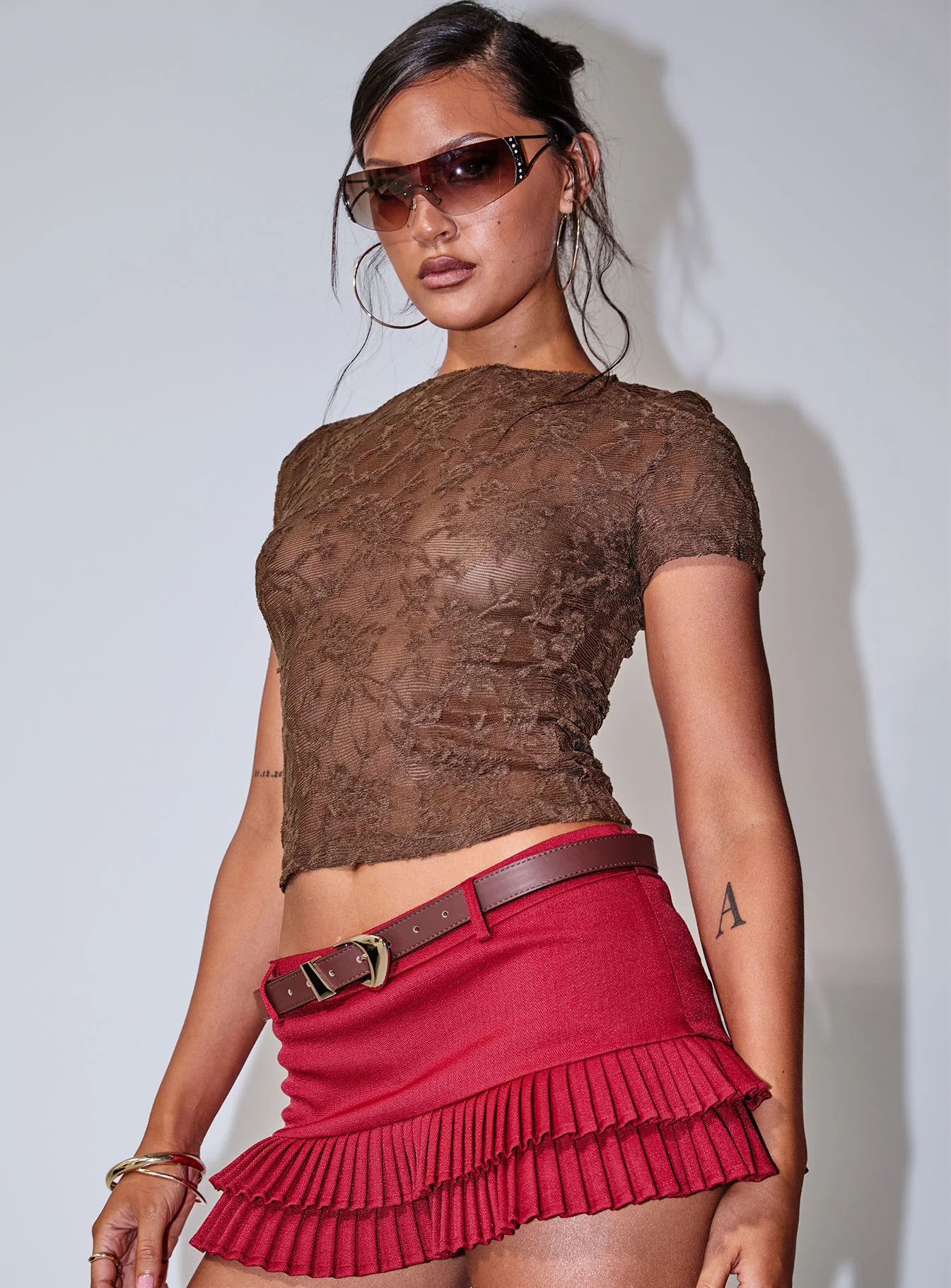 Martine Sheer Short Sleeve Top Brown - Image 4