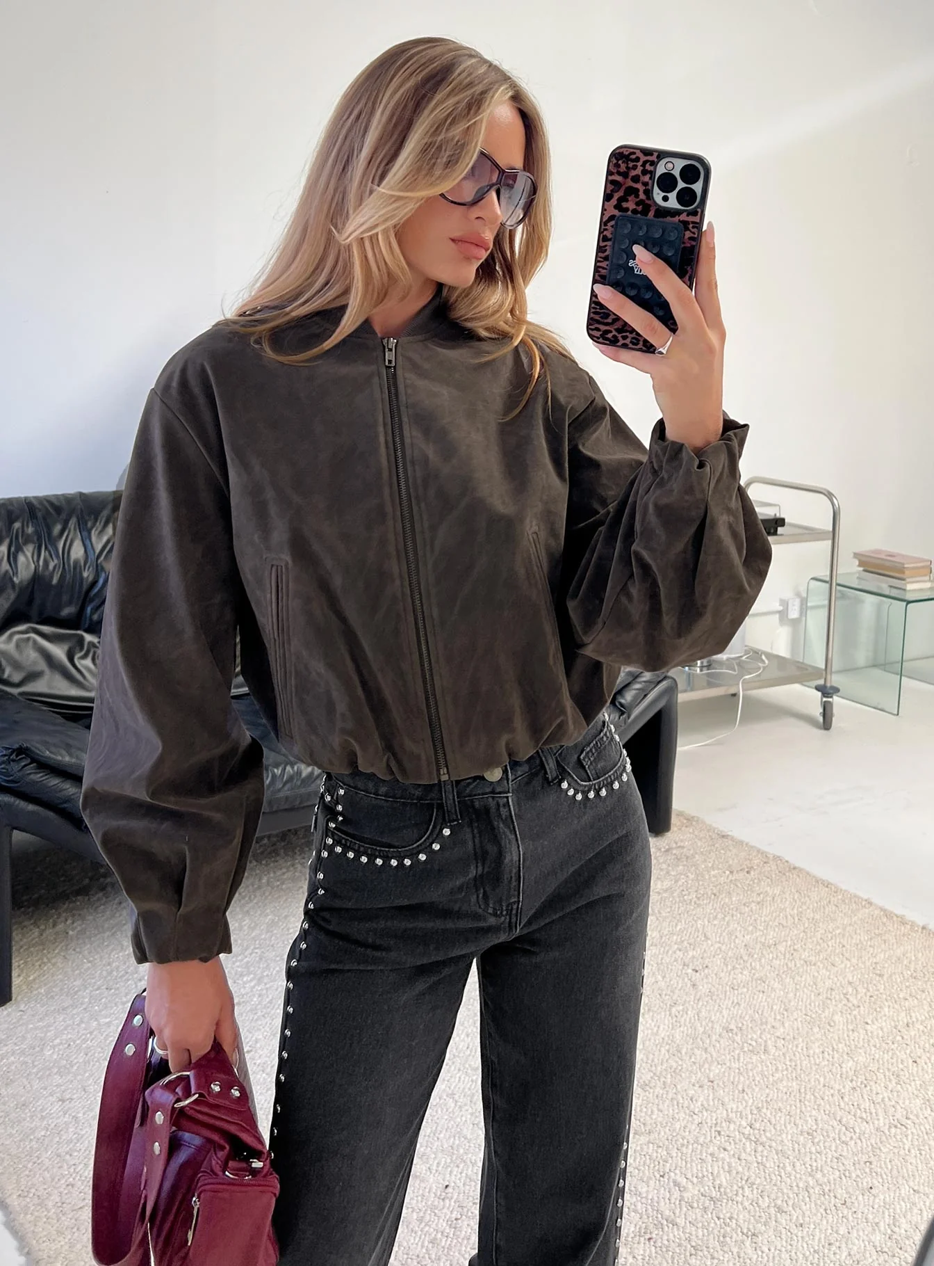 Mastery Faux Suede Bomber Jacket Charcoal