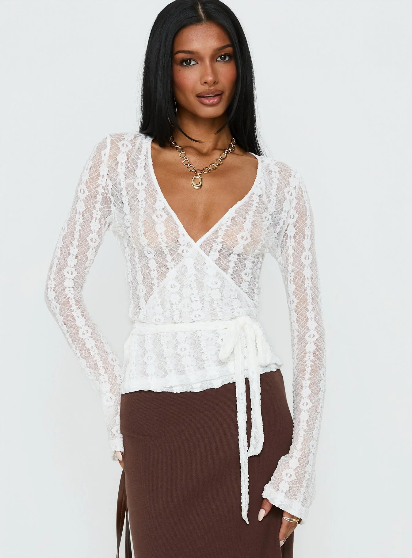 Melara Lace Long Sleeve Wrap Top White - Image 2