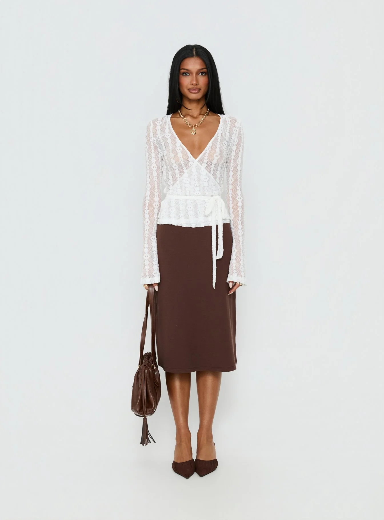 Melara Lace Long Sleeve Wrap Top White - Image 8
