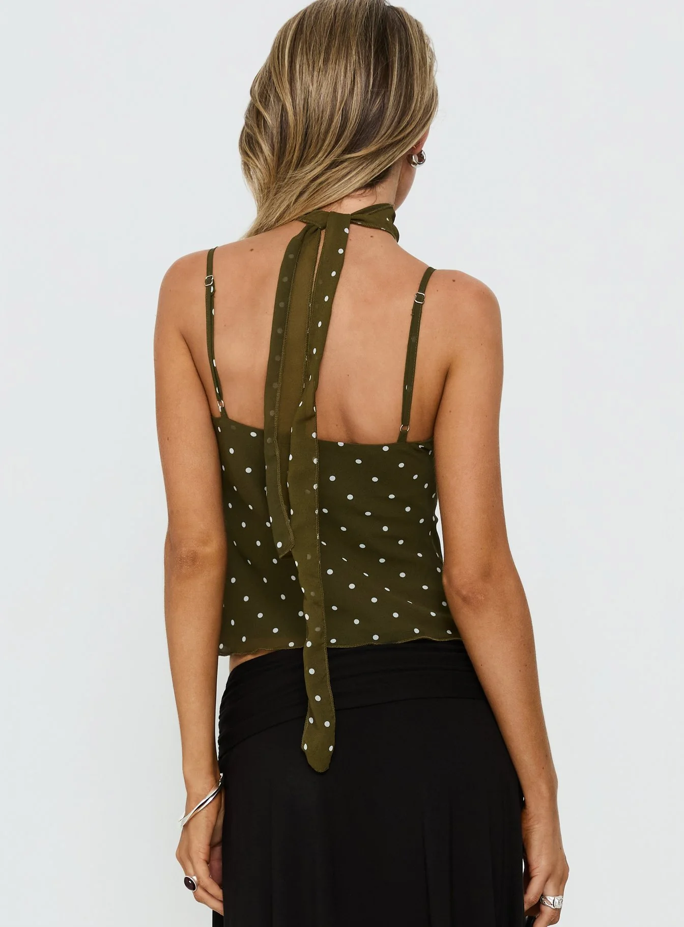 Mishy Scarf Detail Cami Top Olive Polka - Image 4
