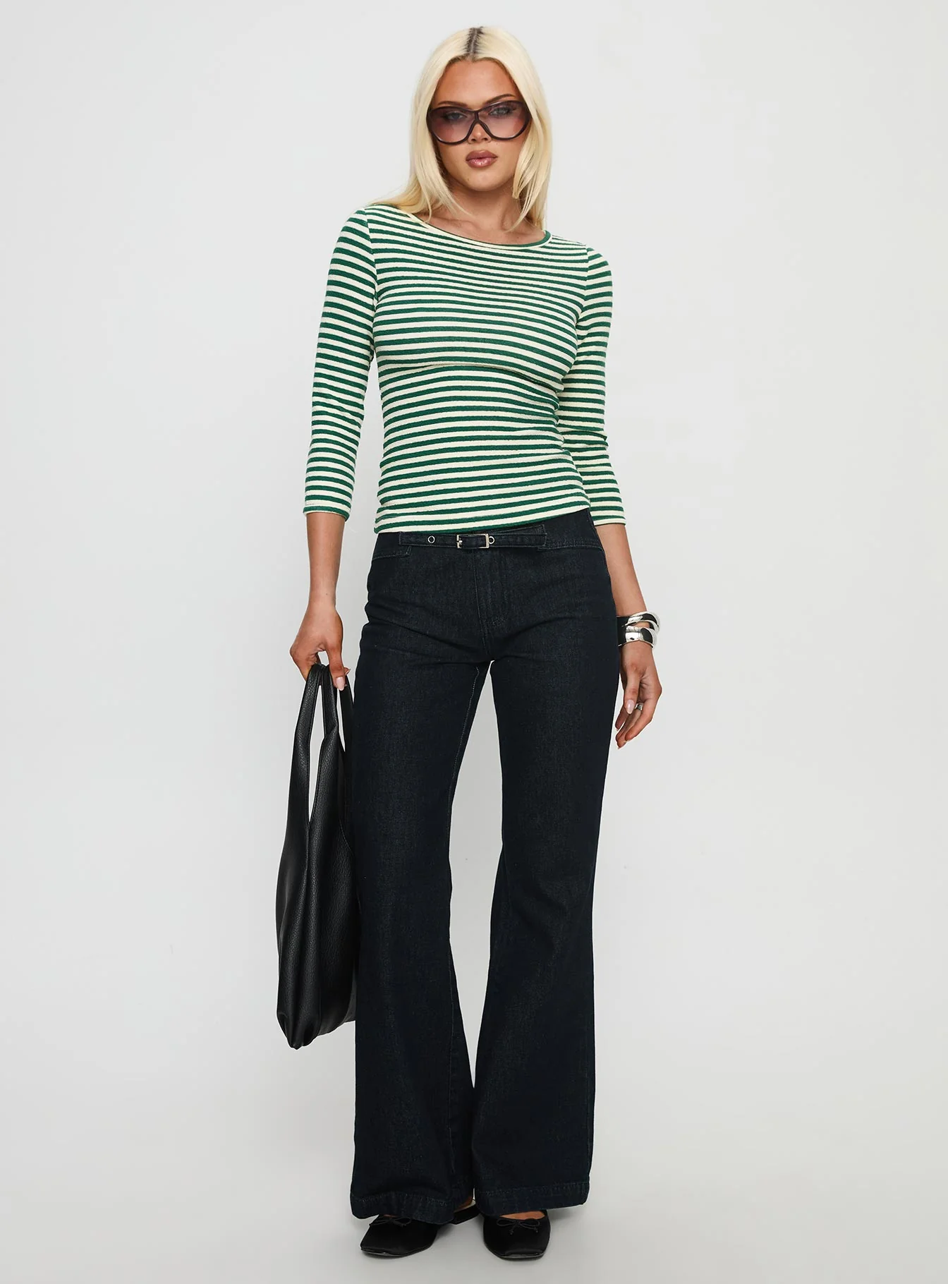 Missouri 3/4 Sleeve Textured Top Green Stripe - Image 3