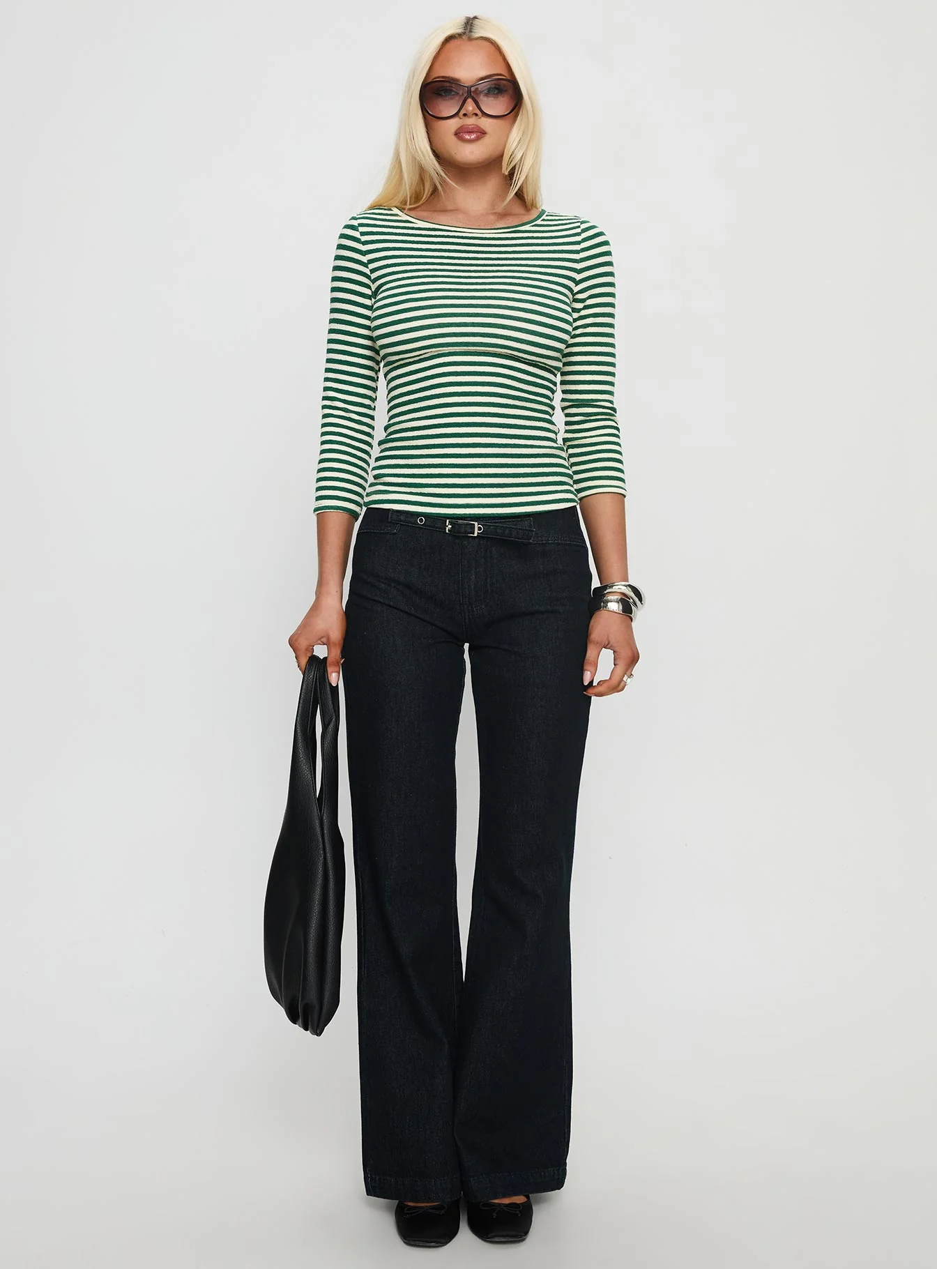 Missouri 3/4 Sleeve Textured Top Green Stripe - Image 7