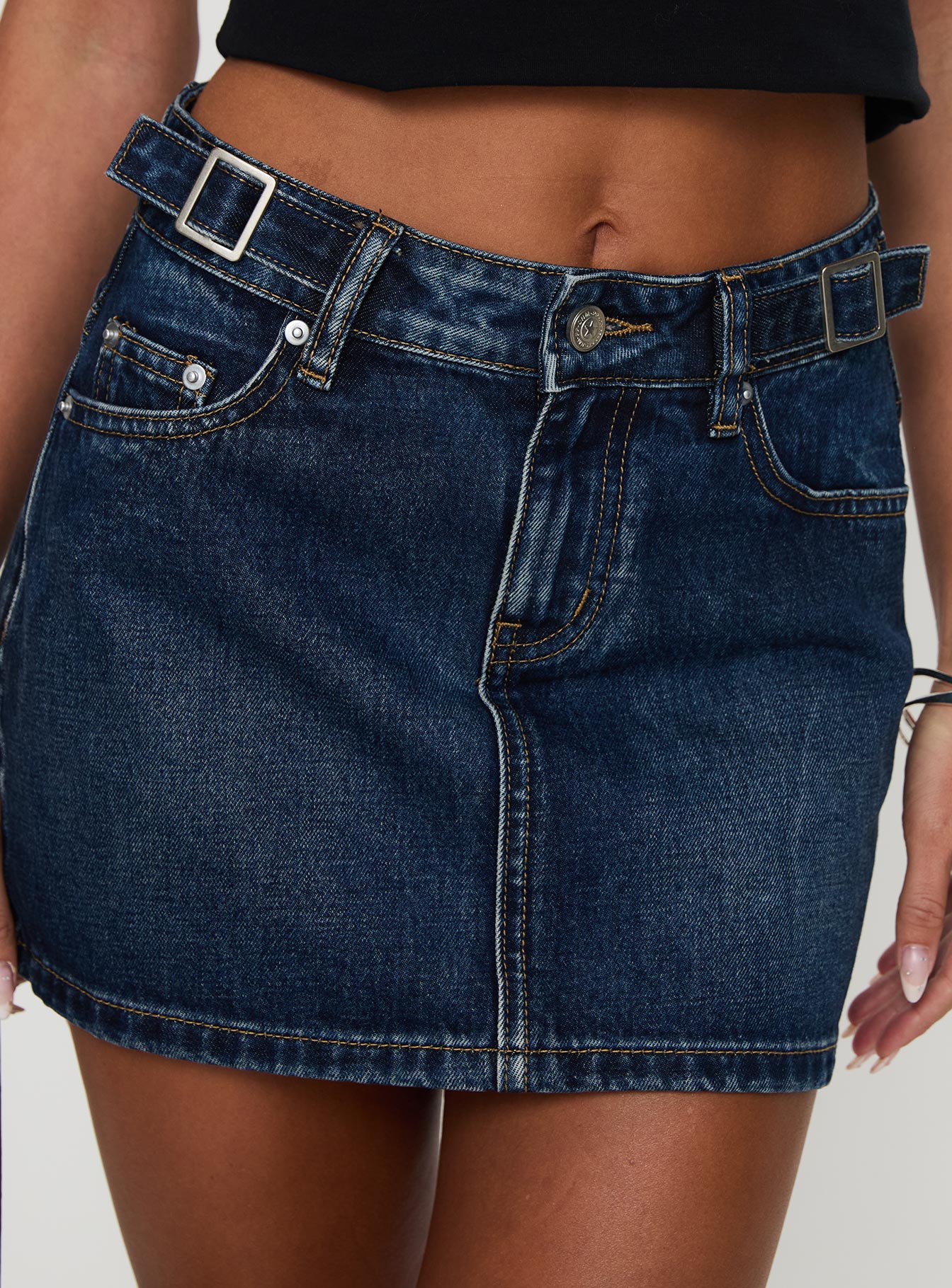 Monti Buckle Denim Mini Skirt Mid Blue - Image 6