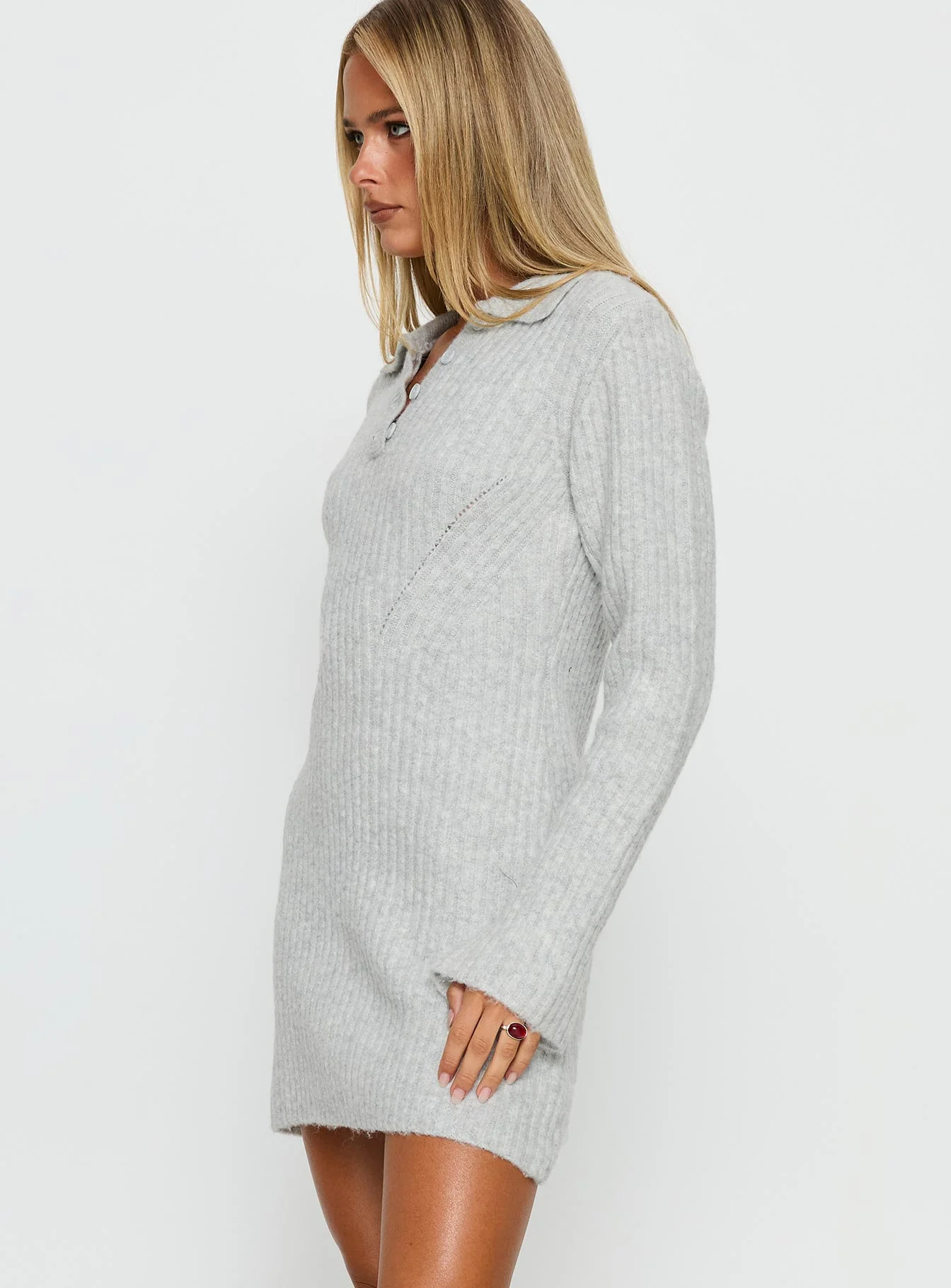 Naloma Knit Long Sleeve Mini Dress Grey Marle - Image 3
