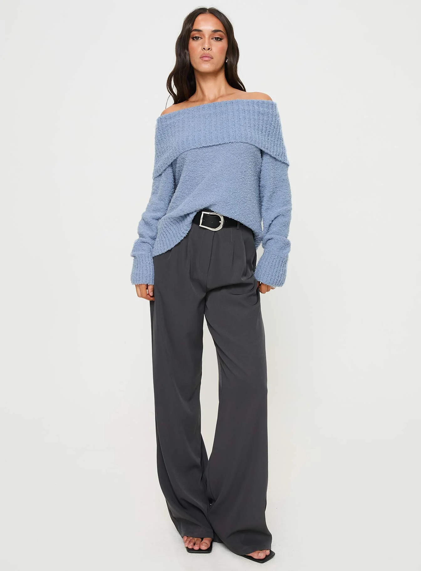 Parkley Boucle Off The Shoulder Sweater Blue - Image 3