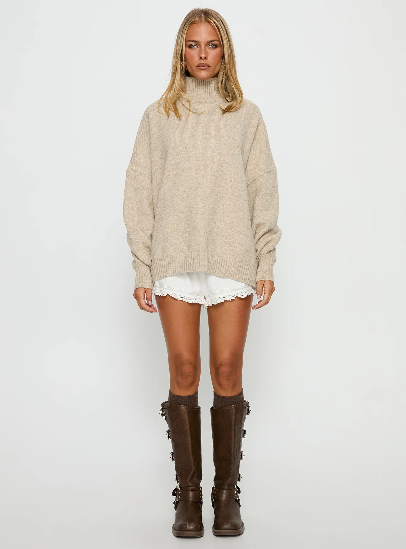 Patrizia Funnel Neck Knit Sweater Beige - Image 7