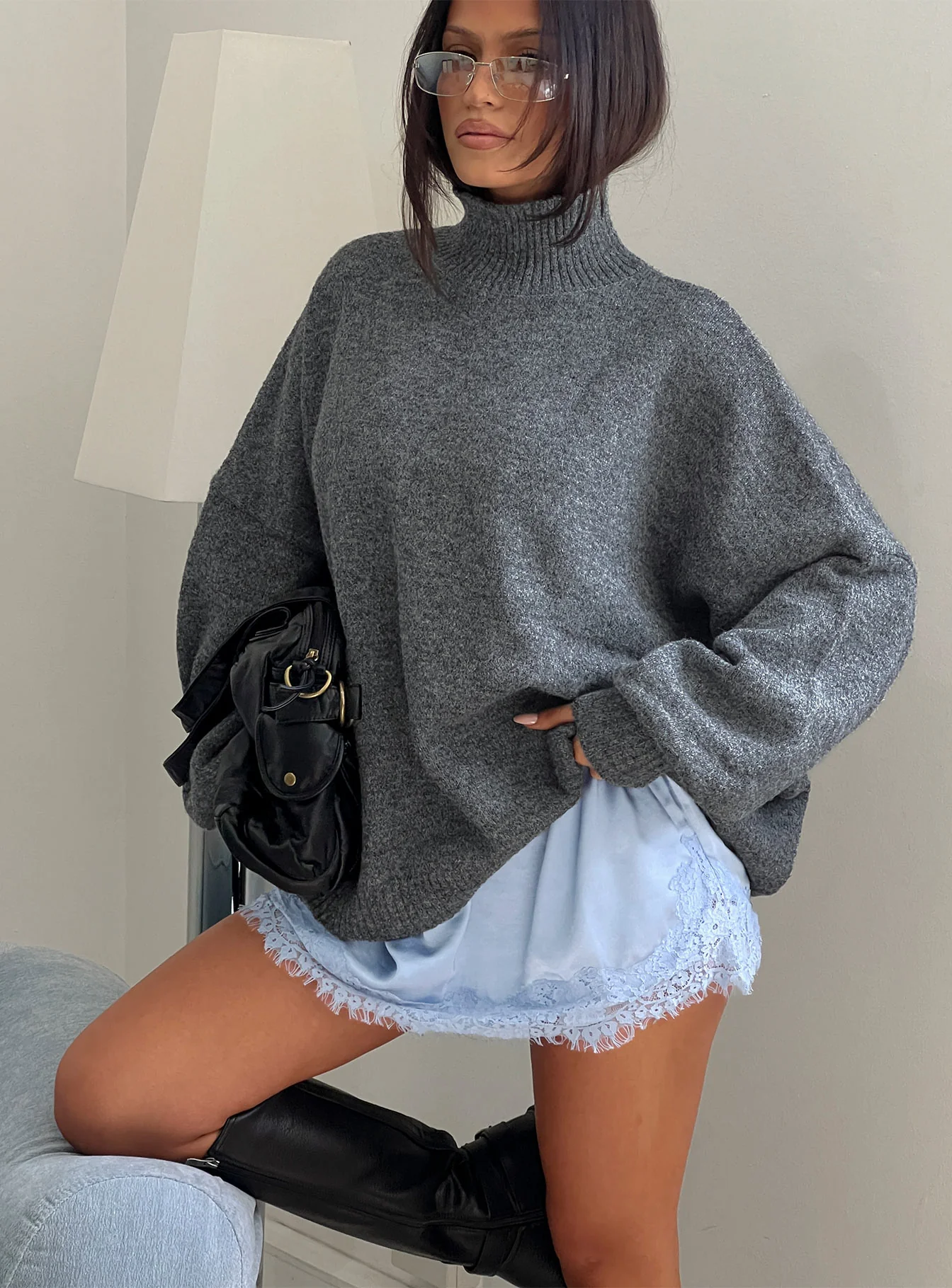 Patrizia Funnel Neck Knit Sweater Grey - Image 8