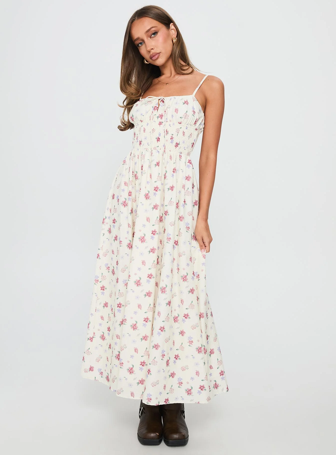 Pearle Shirred Maxi Dress White Floral - Image 2