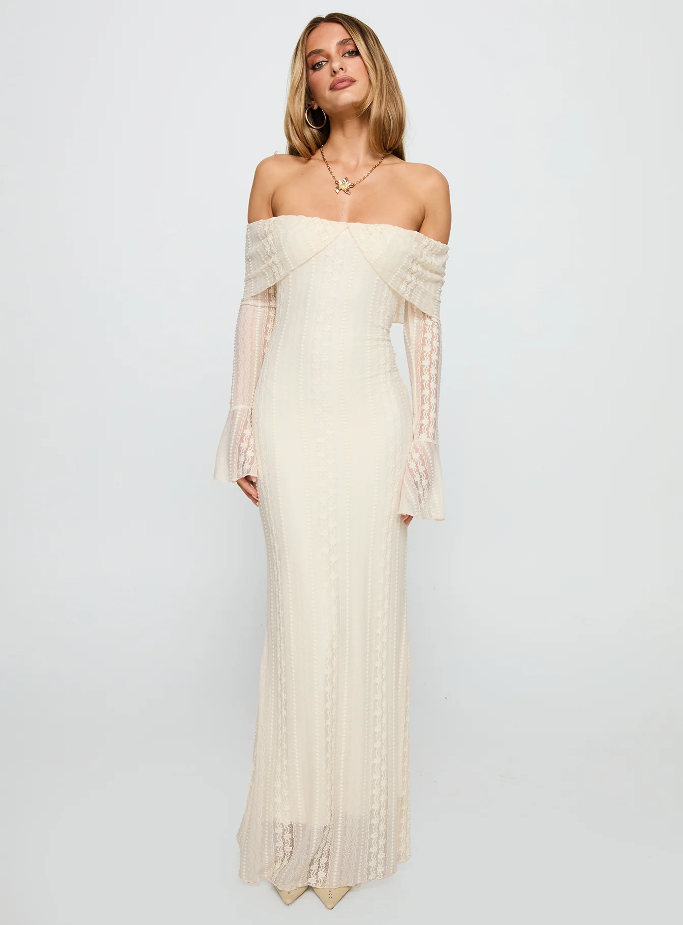 Perdita Long Sleeve Lace Maxi Dress Cream - Image 3