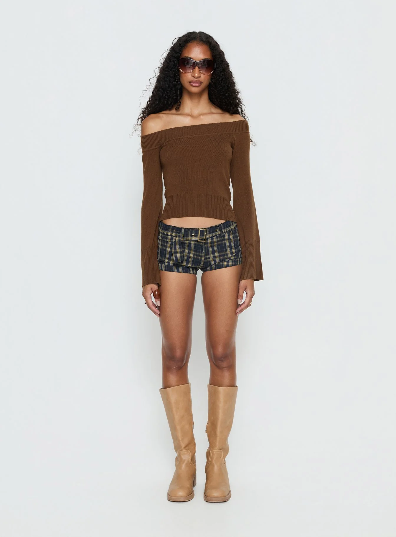 Perrey Long Sleeve Off Shoulder Knit Top Brown - Image 6