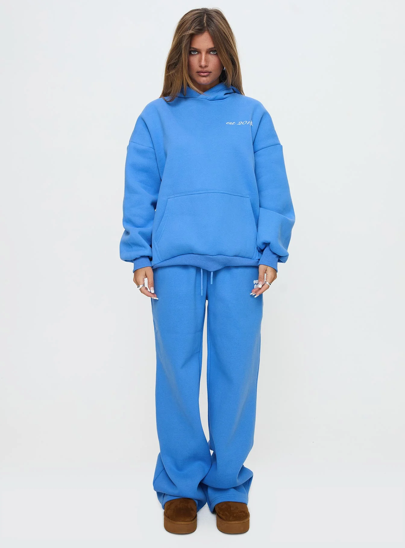 Princess Polly Wide Leg Track Pant Bubble Text Blue - Image 6