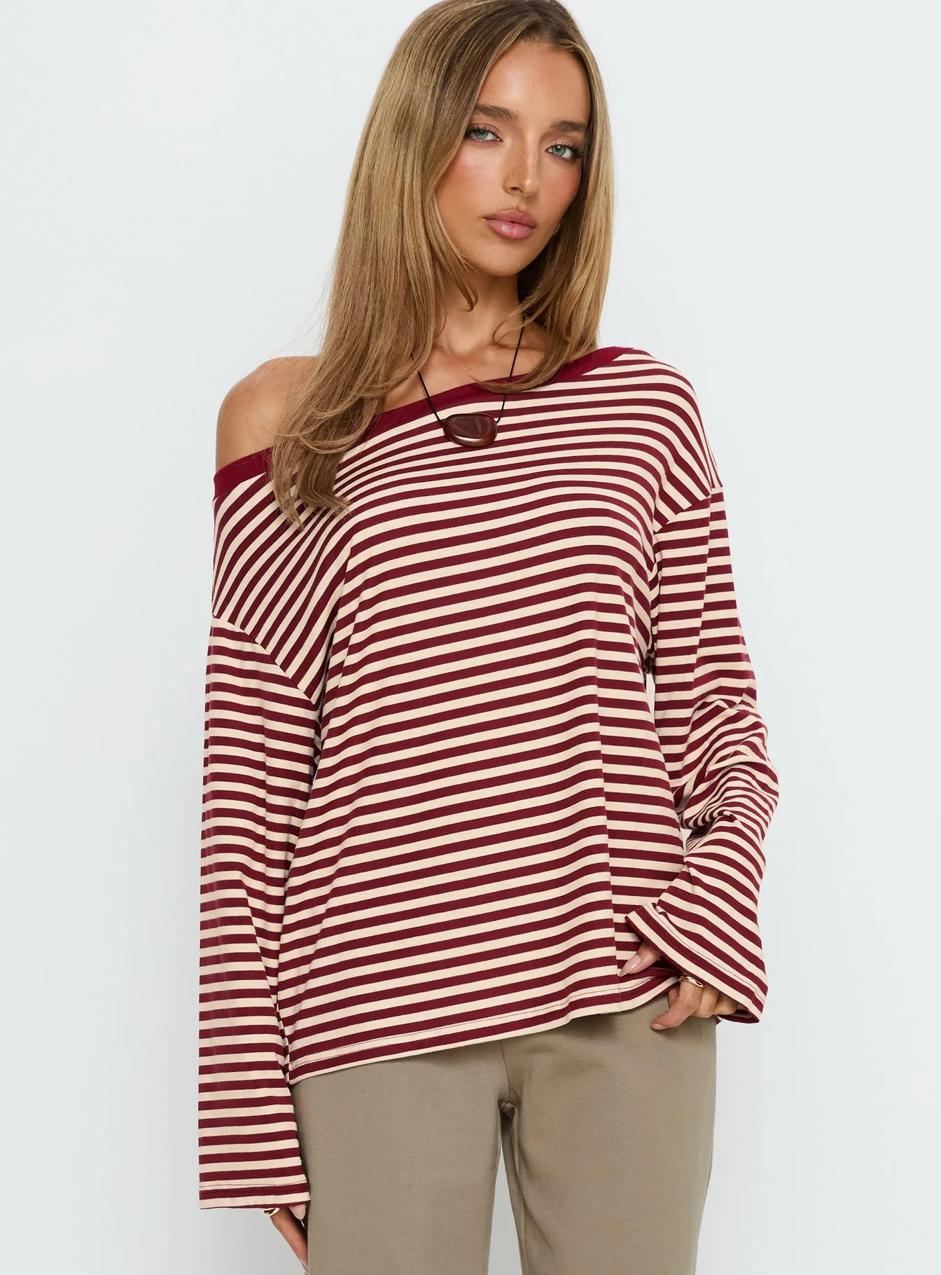 Ralyssa Off Shoulder Long Sleeve Top Red Stripe - Image 2