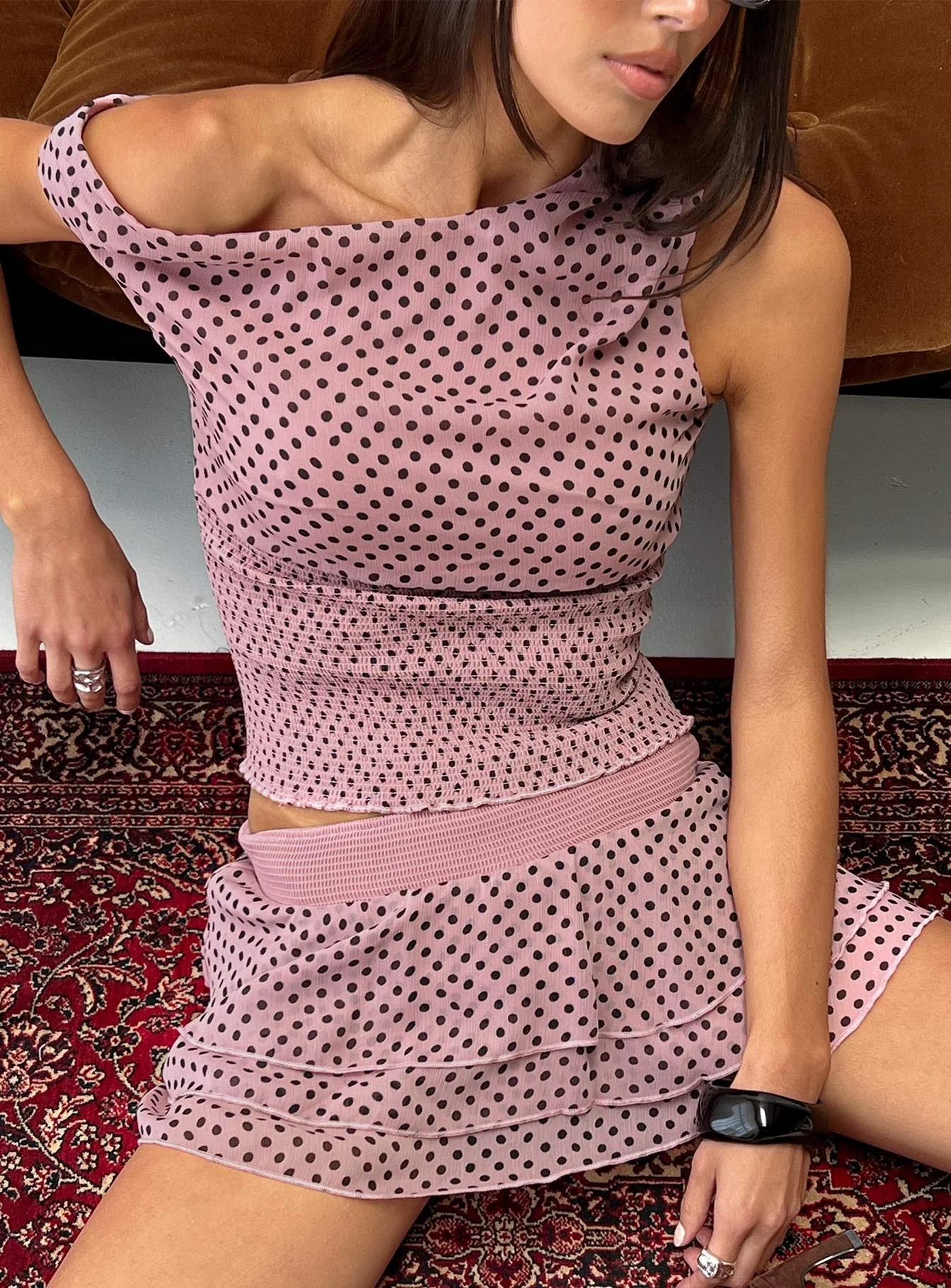 Ready To Party Off Shoulder Top Pink / Black Polka - Image 9
