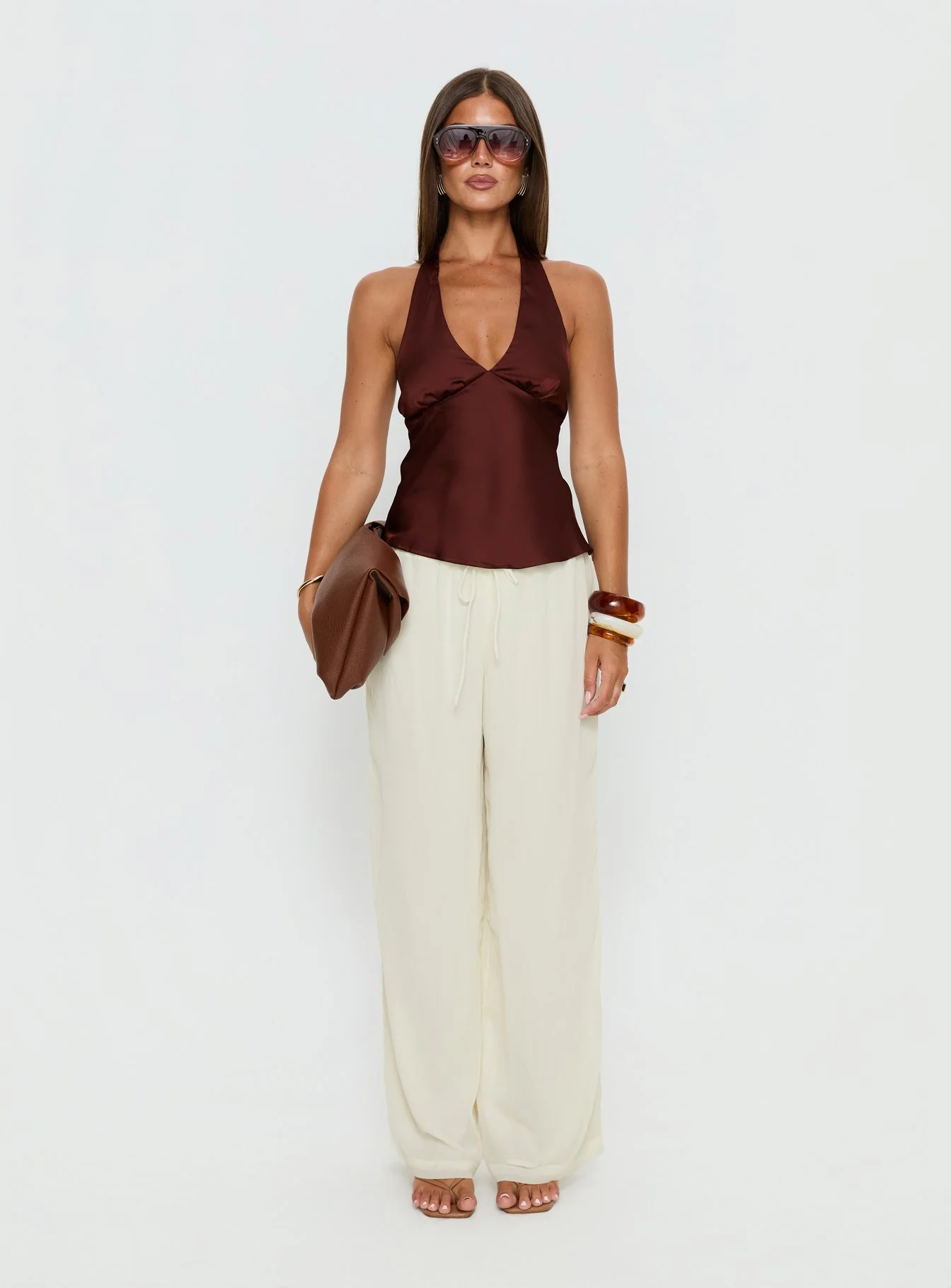 Remarkable Satin Plunge Neck Top Chocolate - Image 6