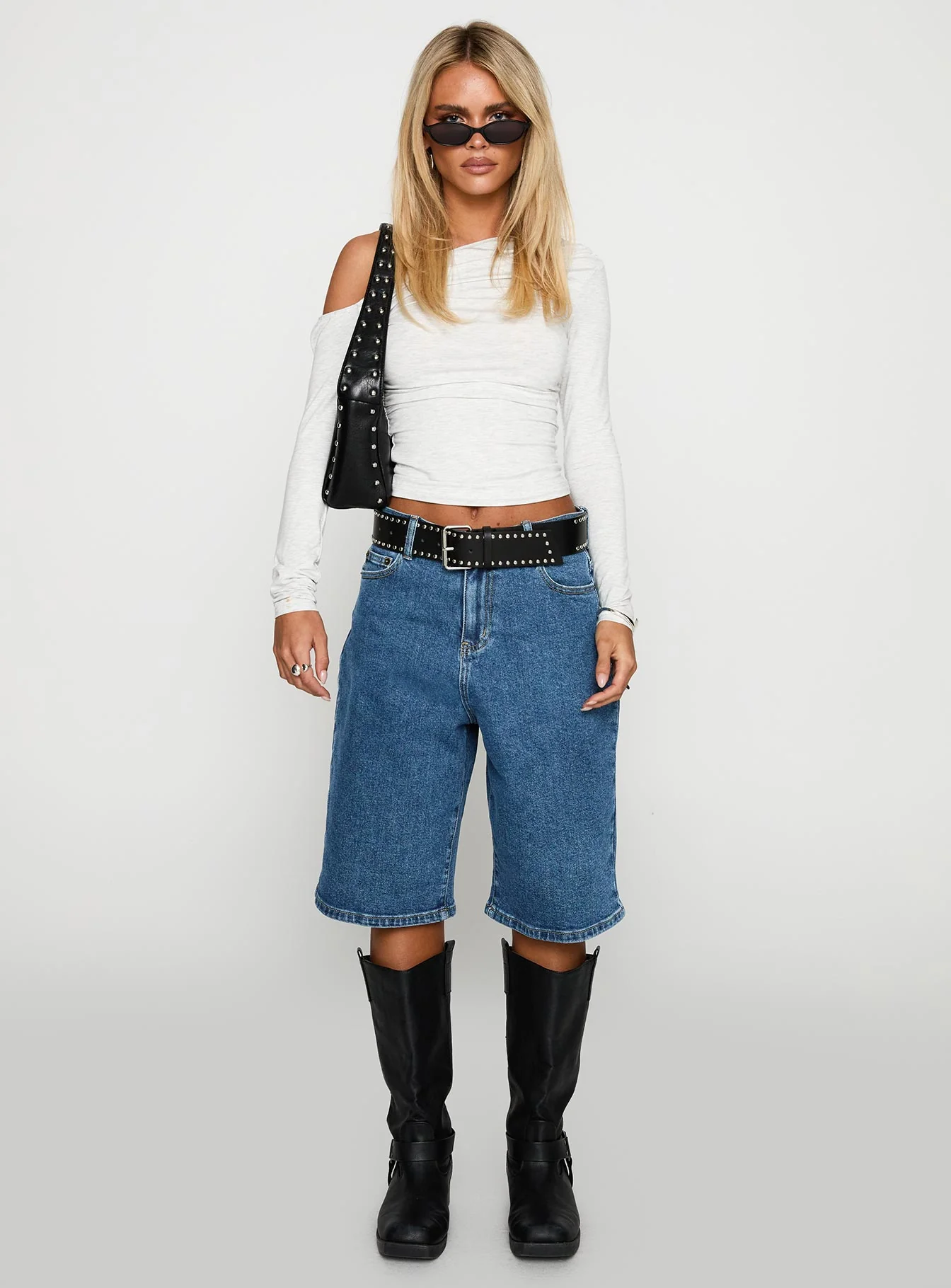 Retro Dream Mid Rise Longline Denim Shorts Mid Wash - Image 8