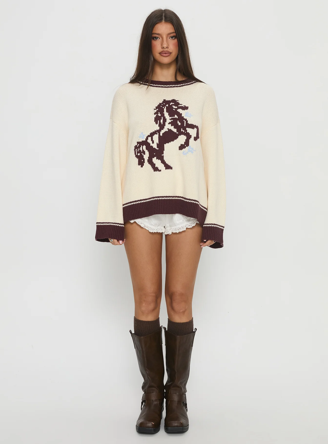 Rhianonn Horse Graphic Knit Sweater Cream / Brown - Image 7