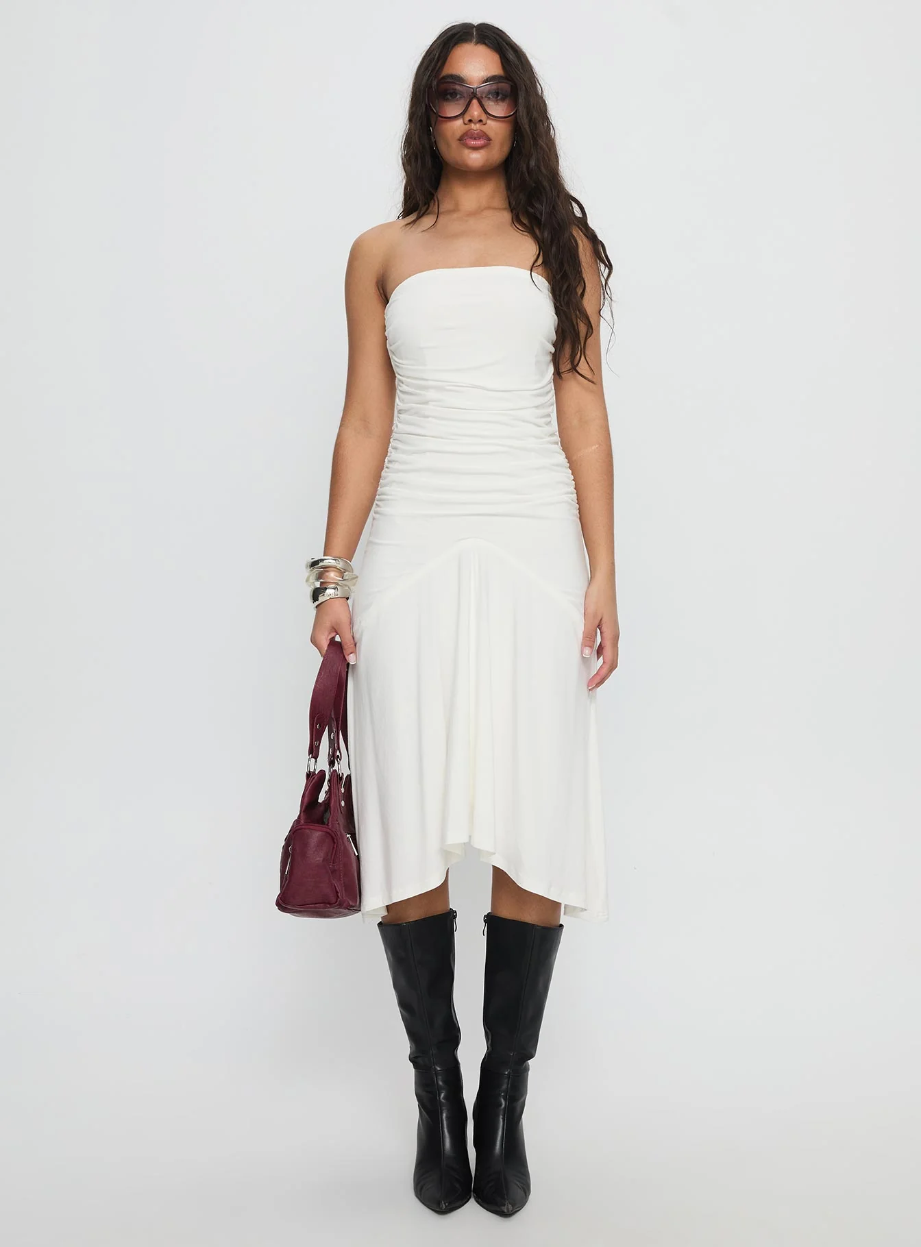 Rienna Strapless Asymmetrical Midi Dress White - Image 7