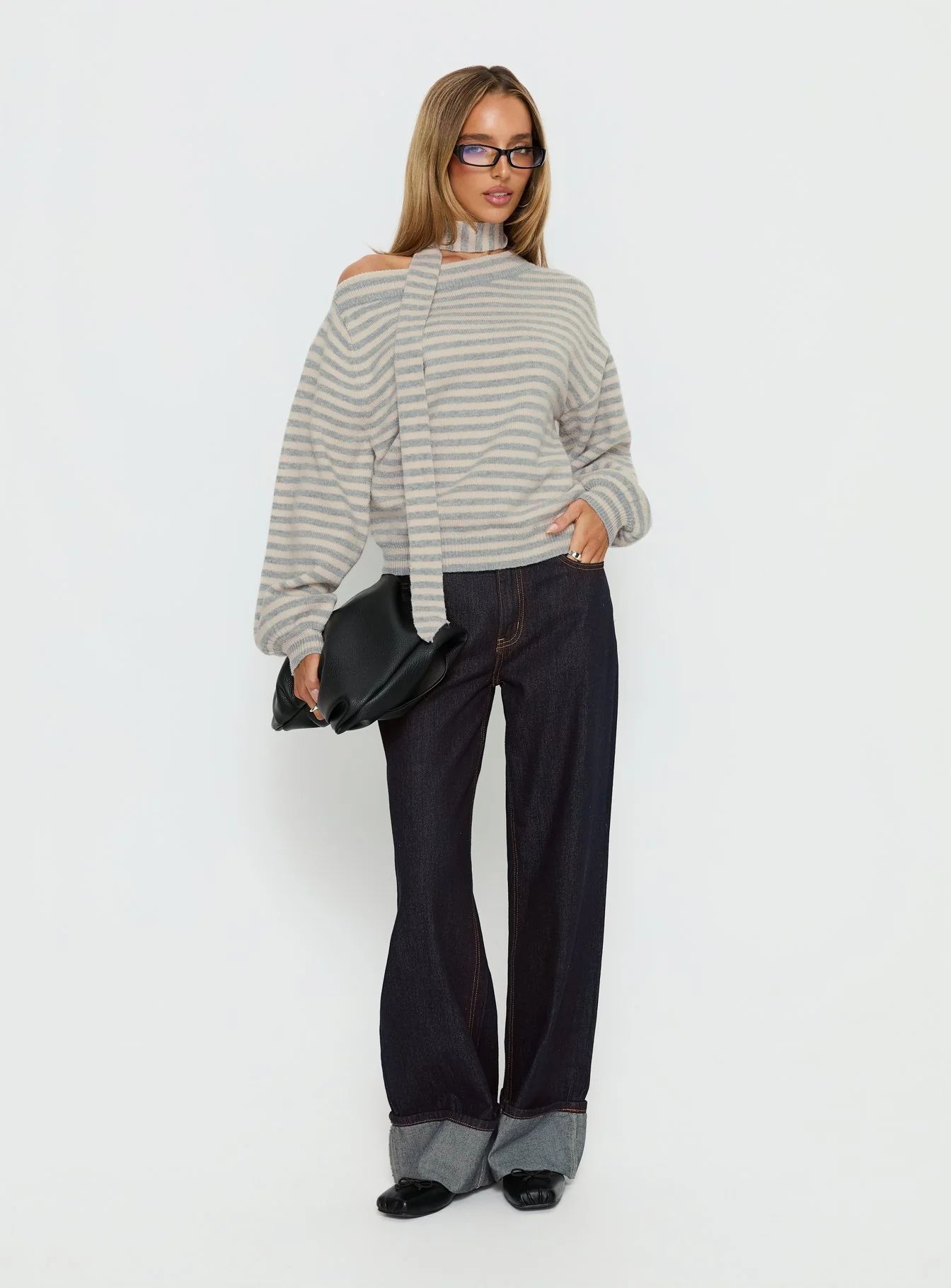 Ruthi Scarf Off Shoulder Knit Sweater Neutral Stripe - Image 3