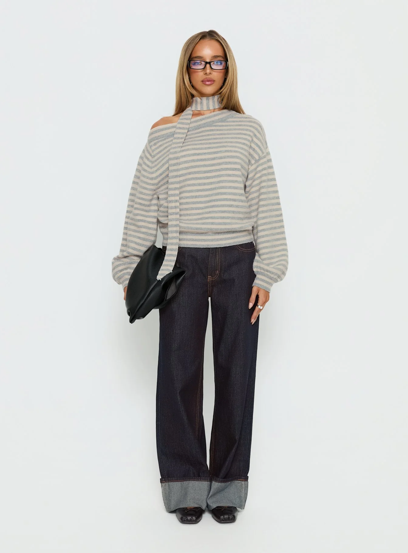 Ruthi Scarf Off Shoulder Knit Sweater Neutral Stripe - Image 7