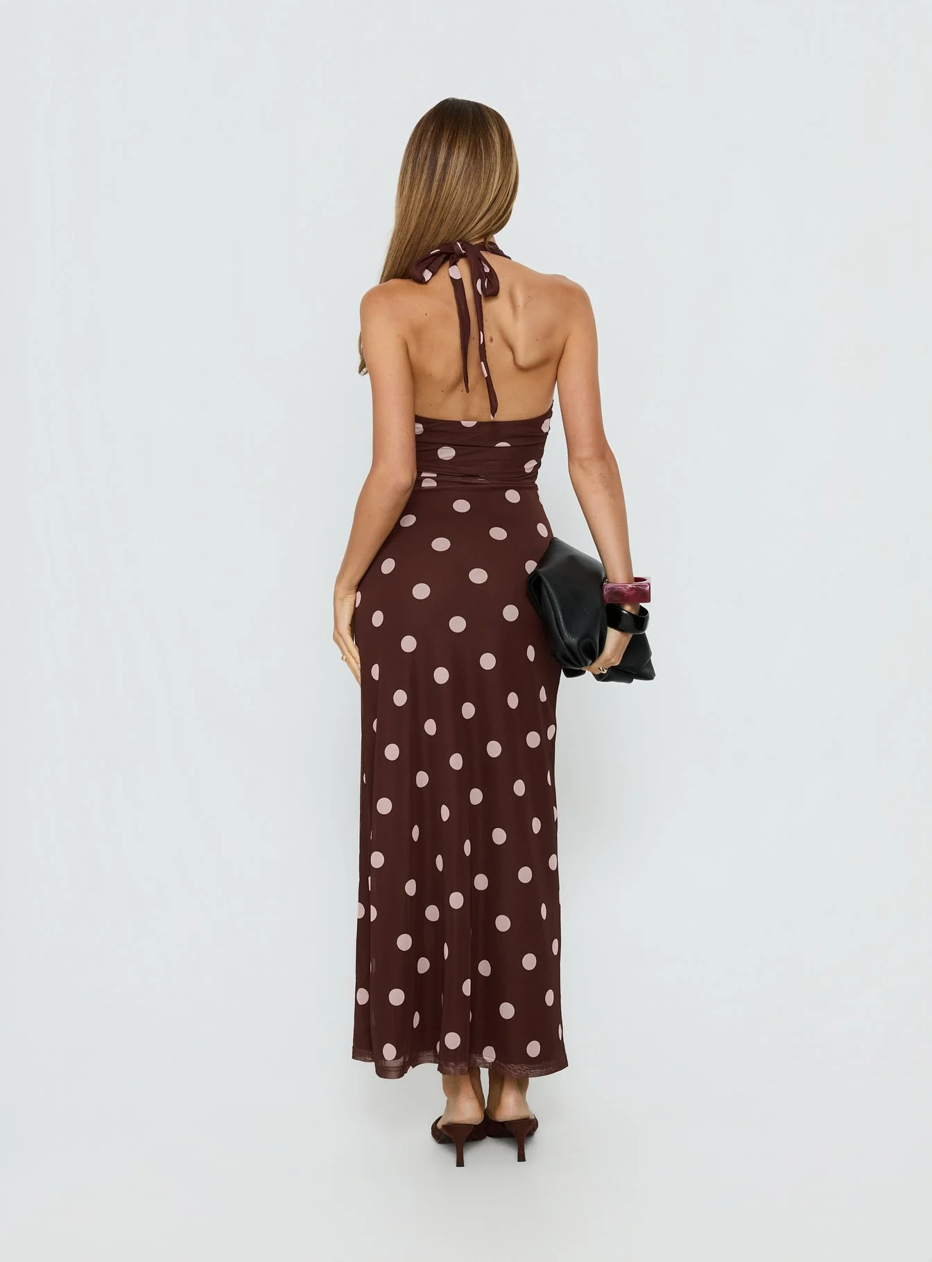 Saviana Halter Ruched Maxi Dress Chocolate / Pink Polka Dot - Image 5
