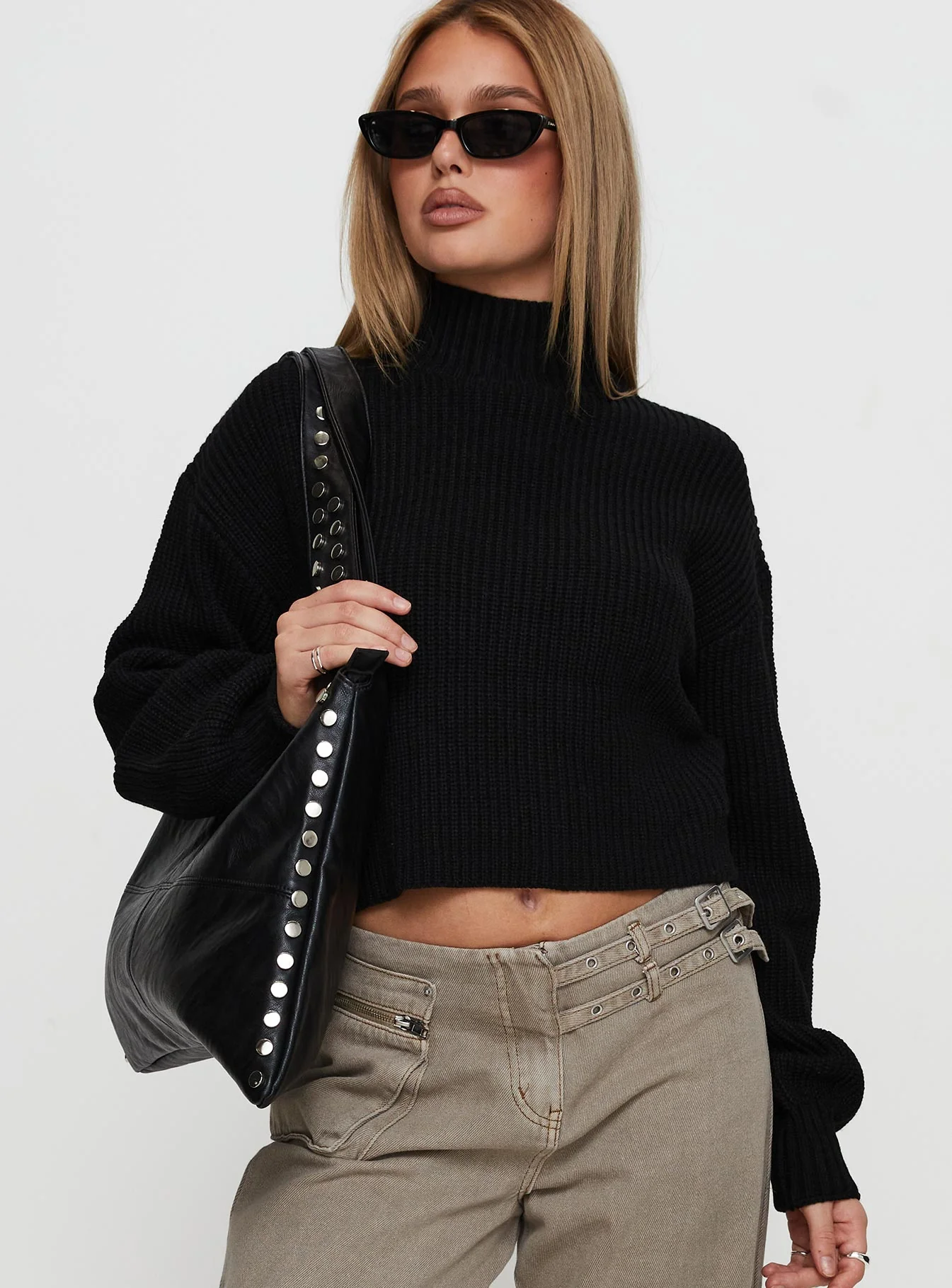 Sayge Mock Neck Knit Sweater Black - Image 2