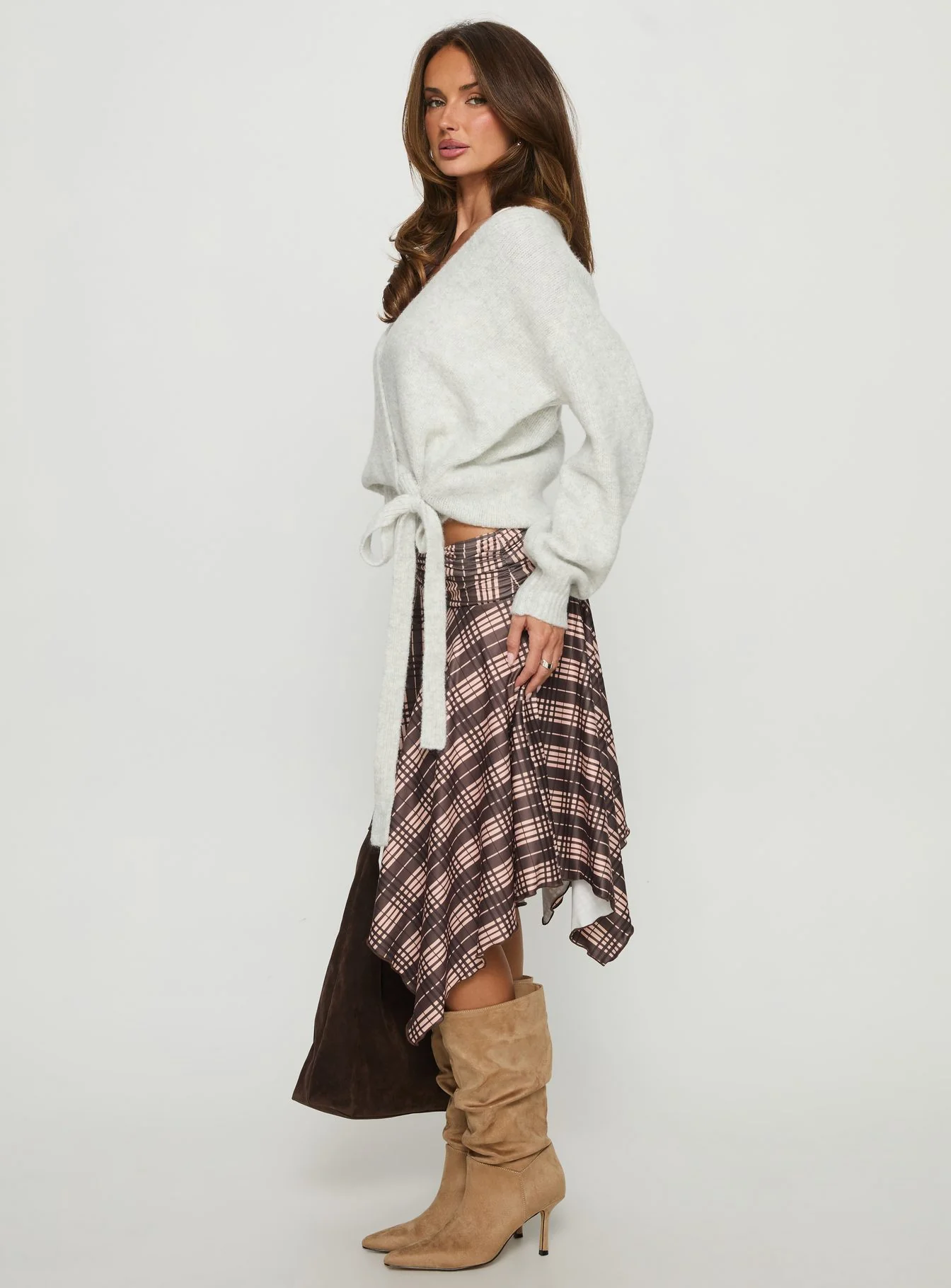Scholar Asymmetrical Midi Skirt Brown Check - Image 4