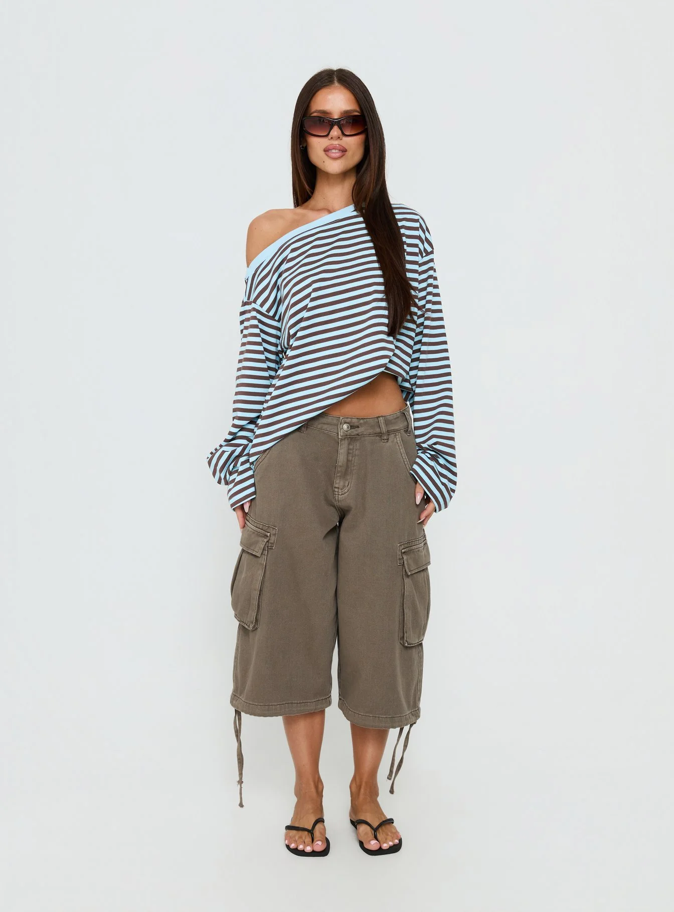 Settle Down One Shoulder Long Sleeve Top Chocolate / Blue Stripe - Image 7