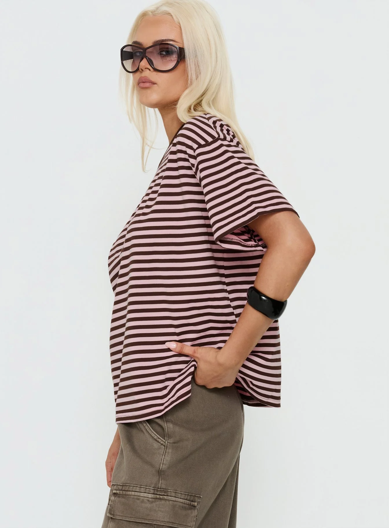 Settle Down One Shoulder Top Pink / Chocolate Stripe - Image 3