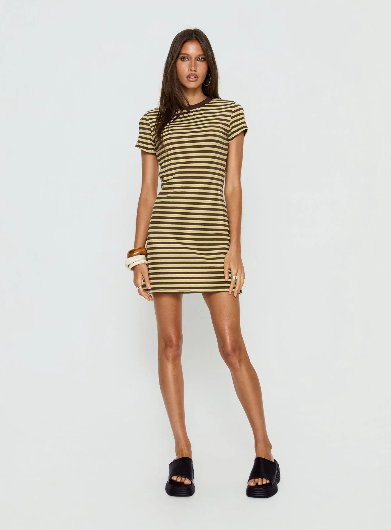 Settle Down Short Sleeve Mini Dress Yellow Stripe - Image 3