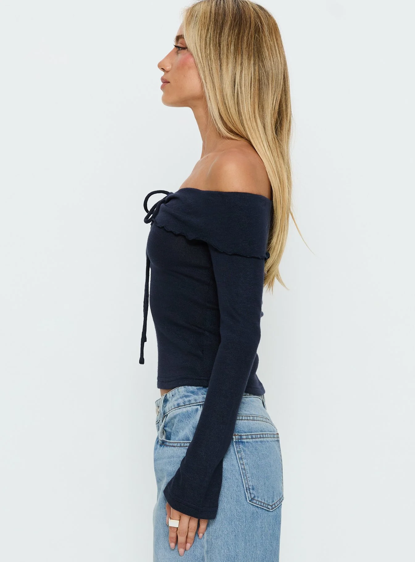 Sevanna Off Shoulder Long Sleeve Top Navy - Image 3