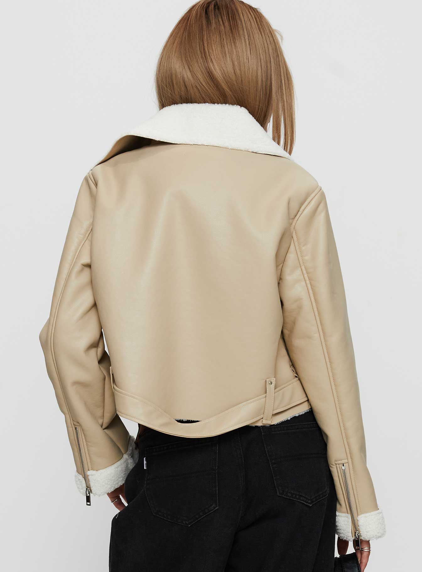 Shearling Trim Faux Leather Jacket Beige - Image 4