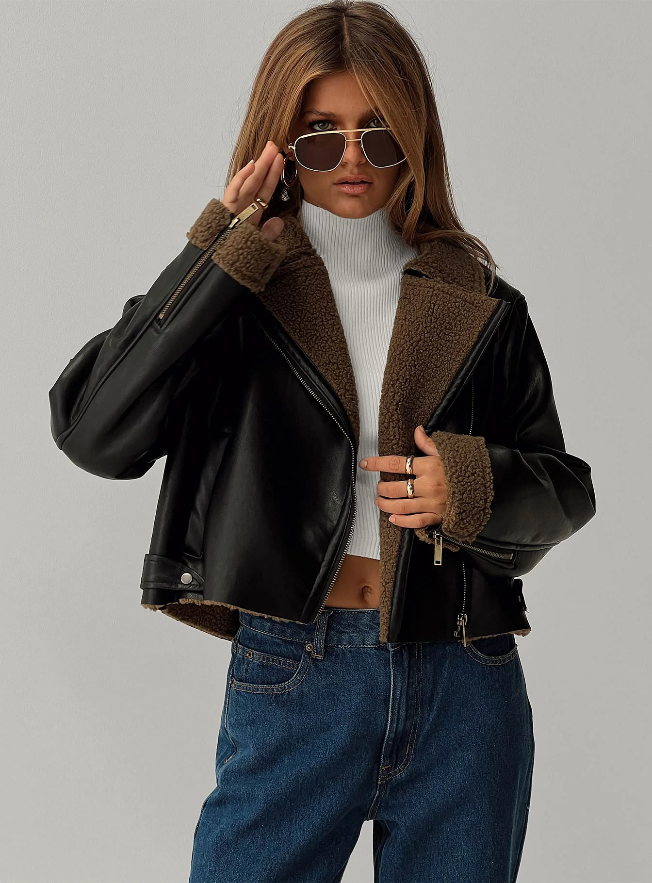 Shearling Trim Faux Leather Jacket Black - Image 7