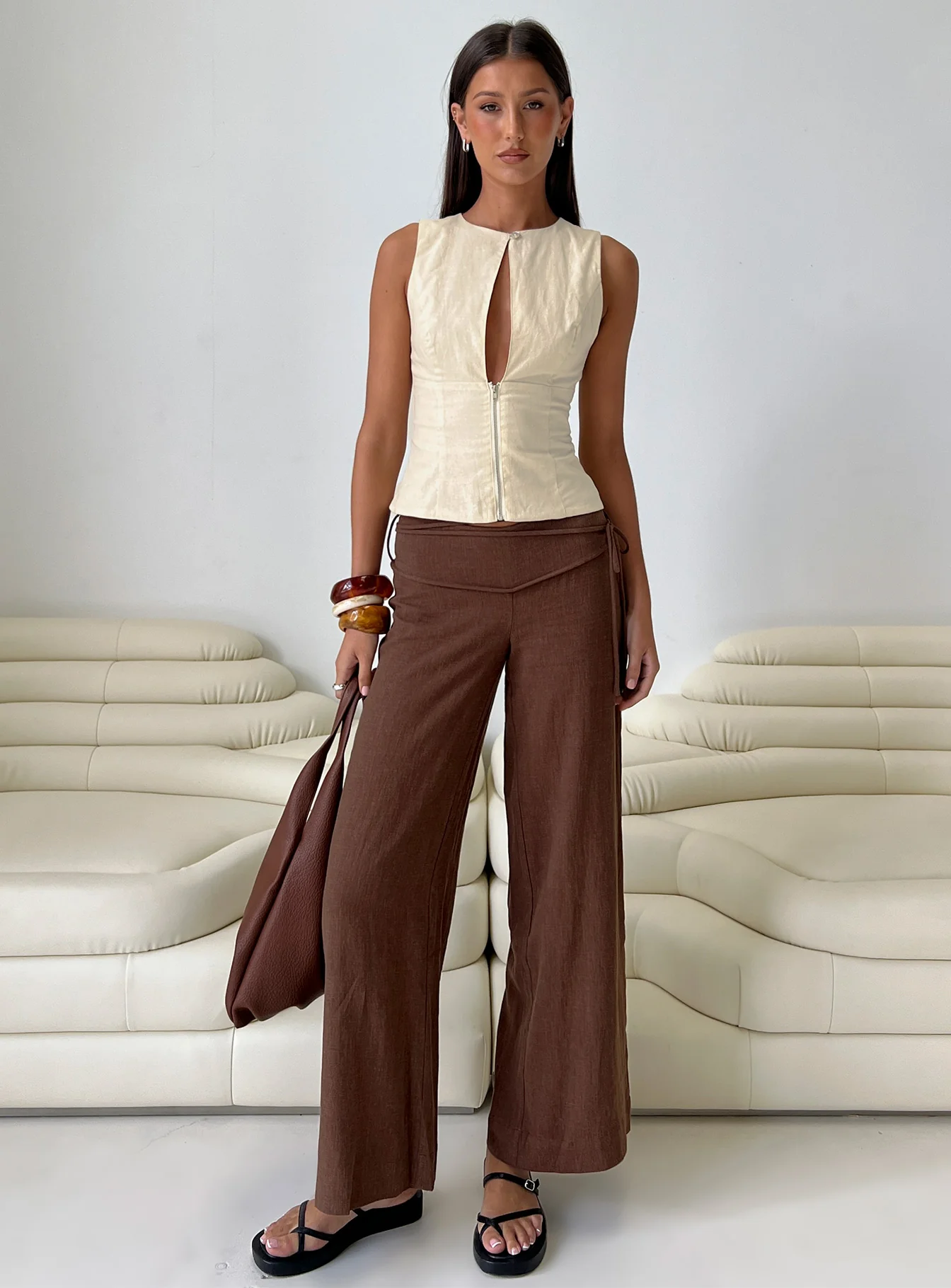 Silver Moon Linen Blend Tie Pants Brown Petite - Image 8