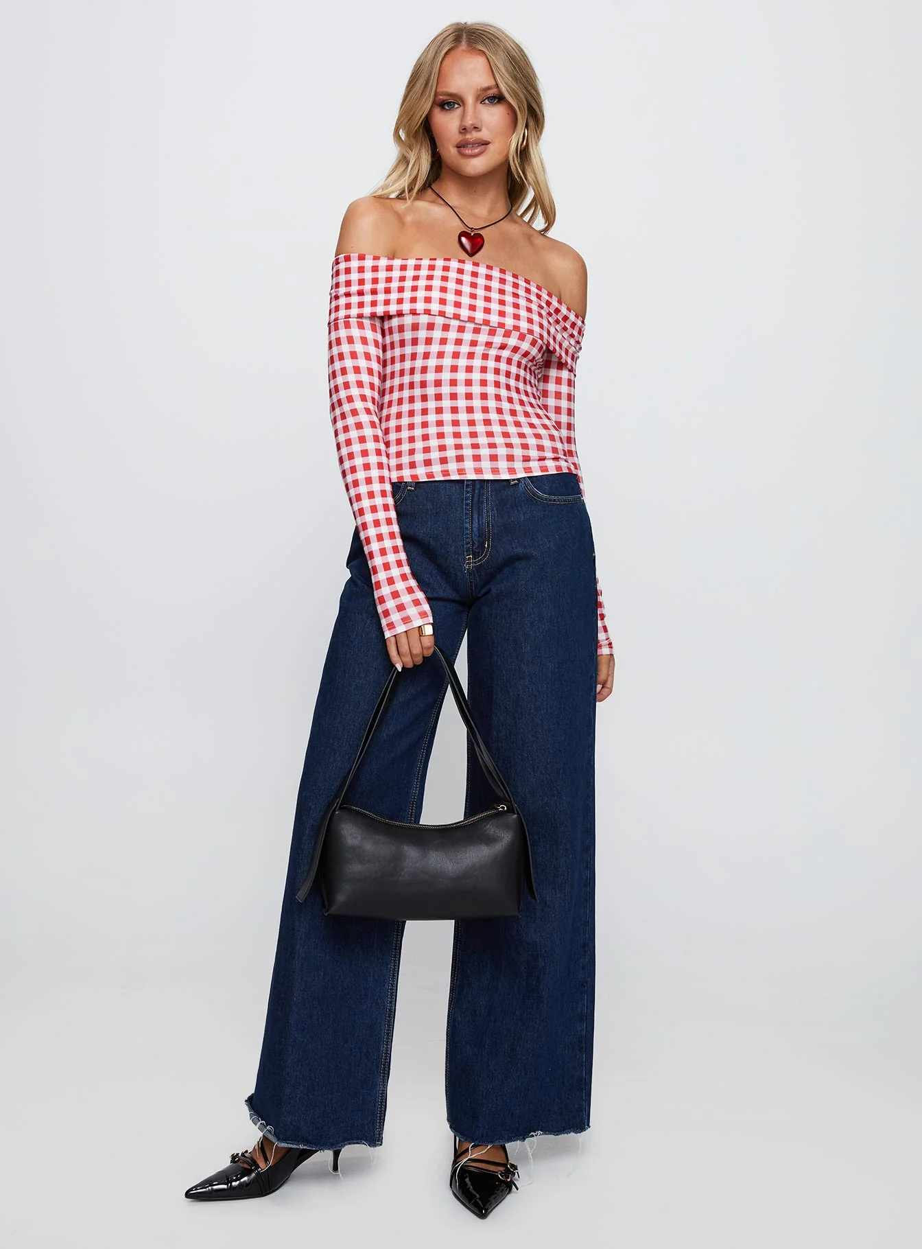 Singular Off The Shoulder Long Sleeve Top Red Check - Image 3