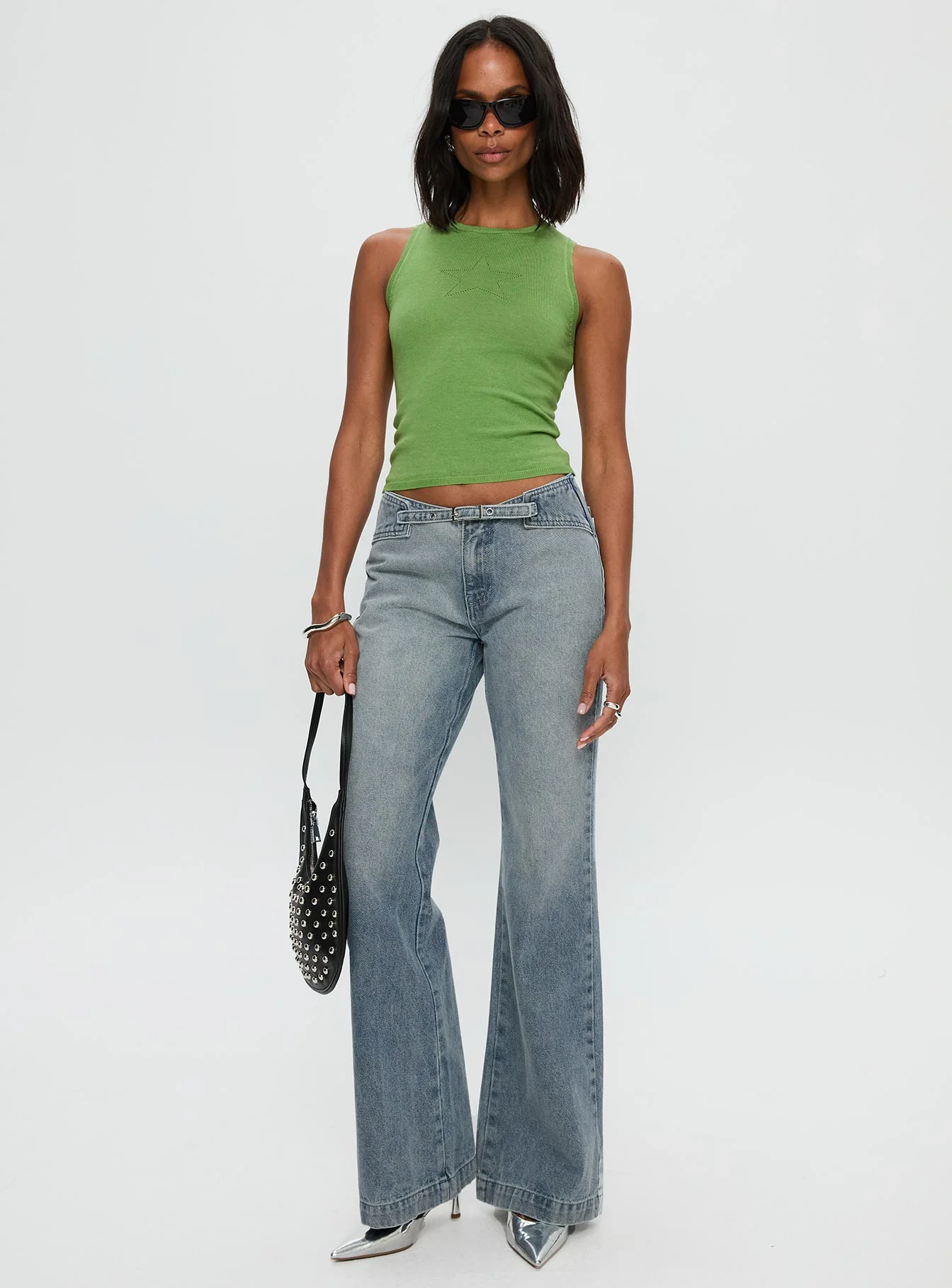 Slow Ride Mid Rise Bootleg Belted Jeans Light Blue - Image 3