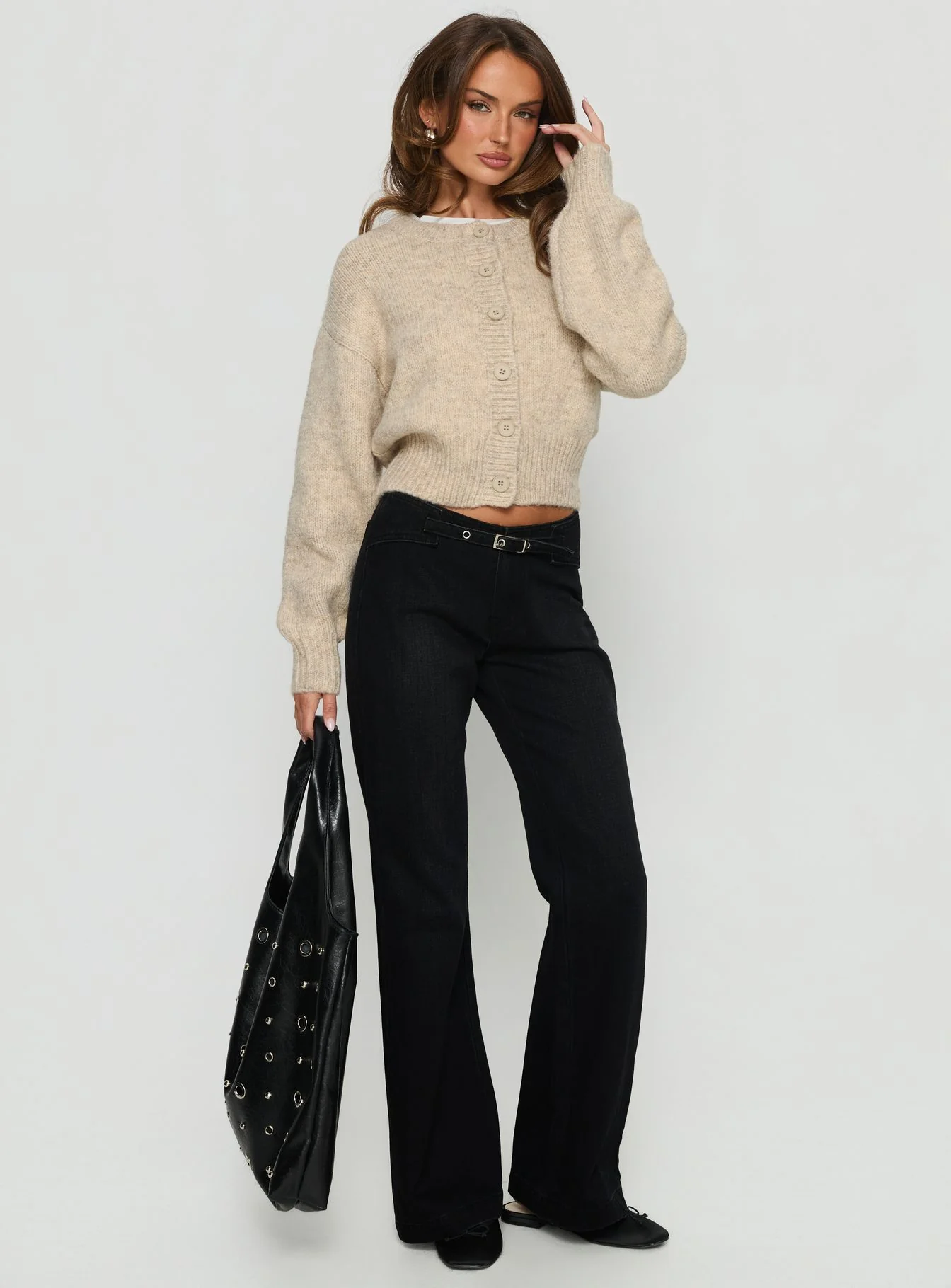 Slow Ride Mid Rise Bootleg Belted Jeans Washed Black - Image 3