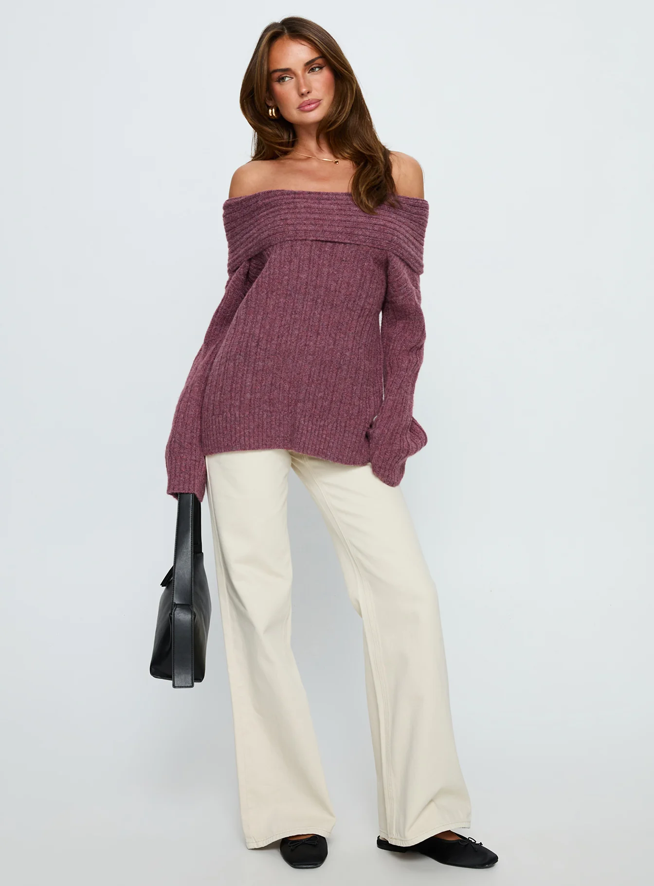 Snowie Off Shoulder Knit Sweater Burgundy - Image 2