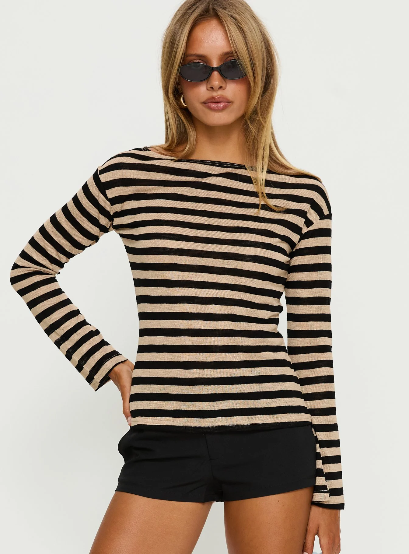 So Composed Boat Neck Long Sleeve Top Latte Stripe - Image 2