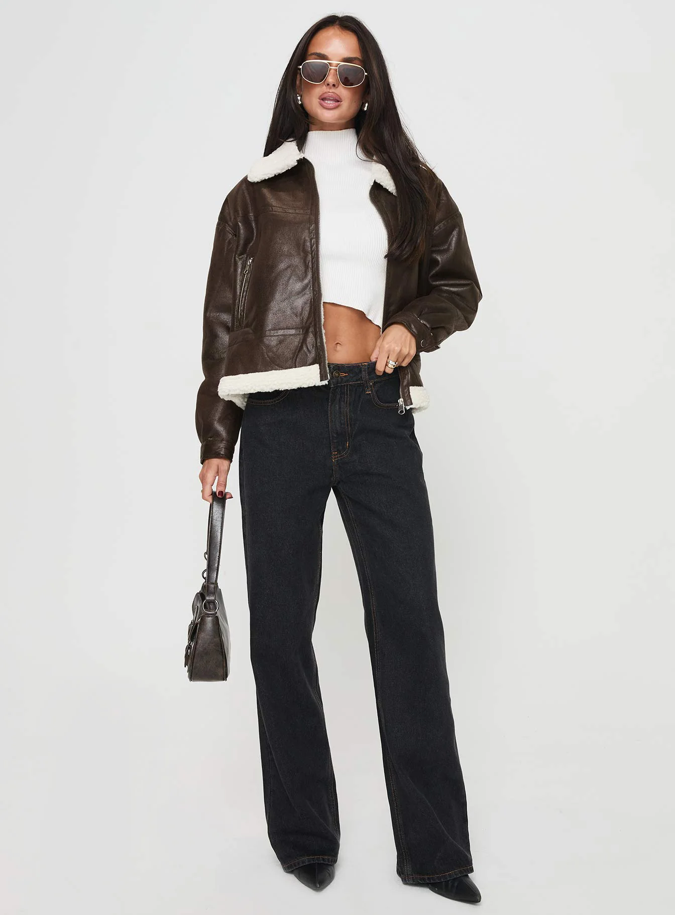 Solara Faux Leather Shearling Jacket Chocolate - Image 3