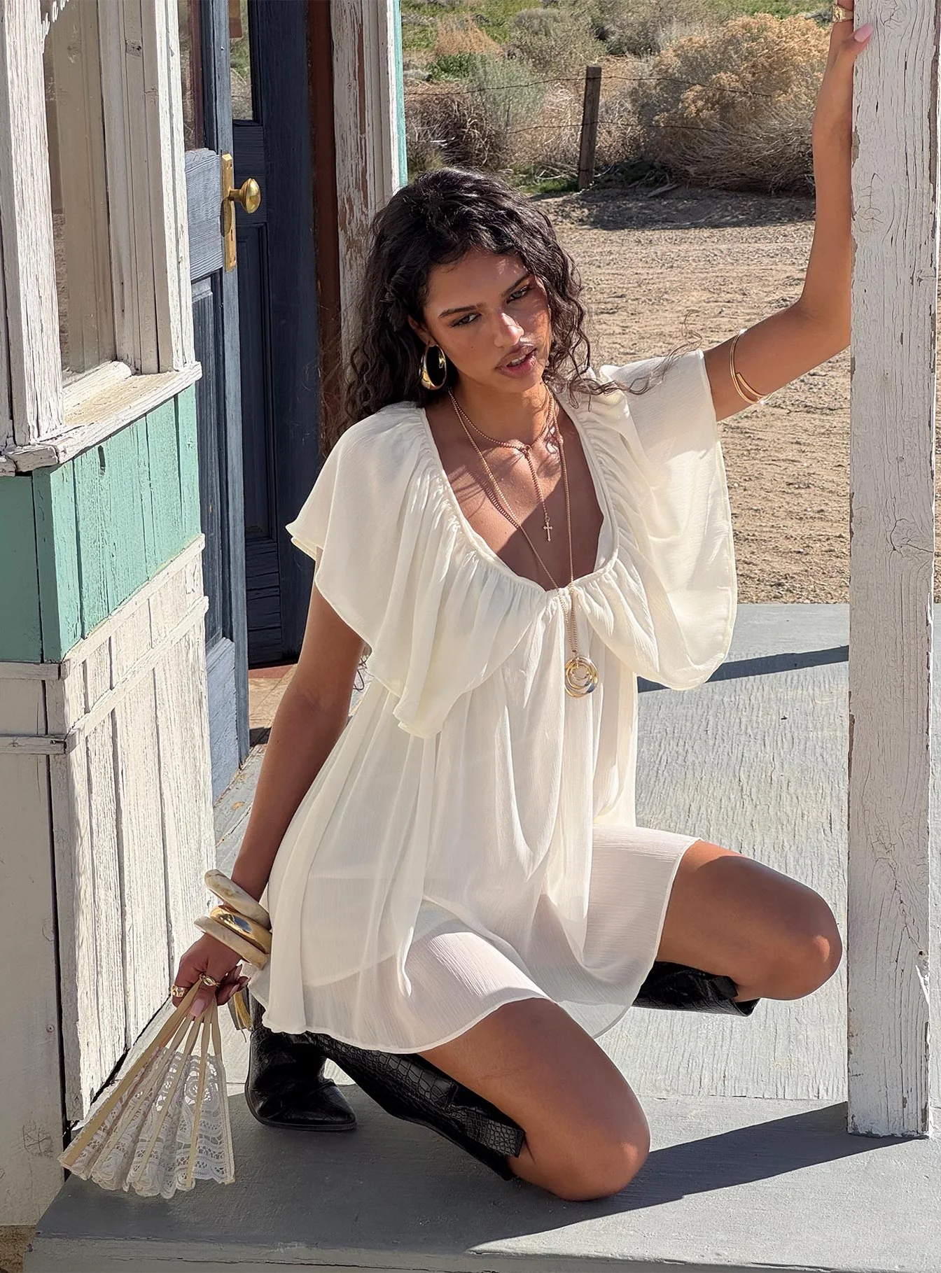 Sun Spirit Plunge Flowy Playsuit Cream - Image 8