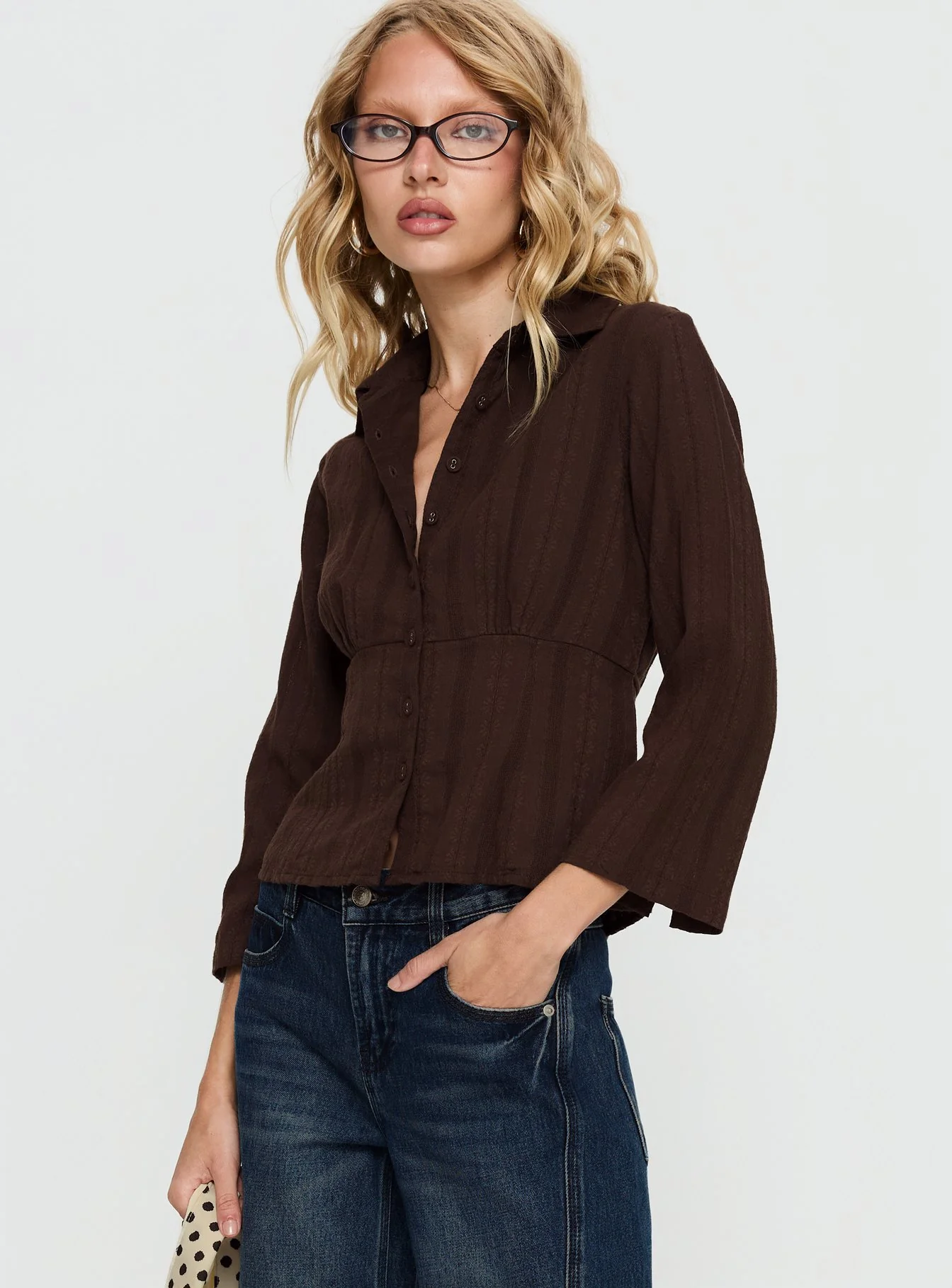 Taelynn 3/4 Sleeve Button Up Shirt Chocolate - Image 4