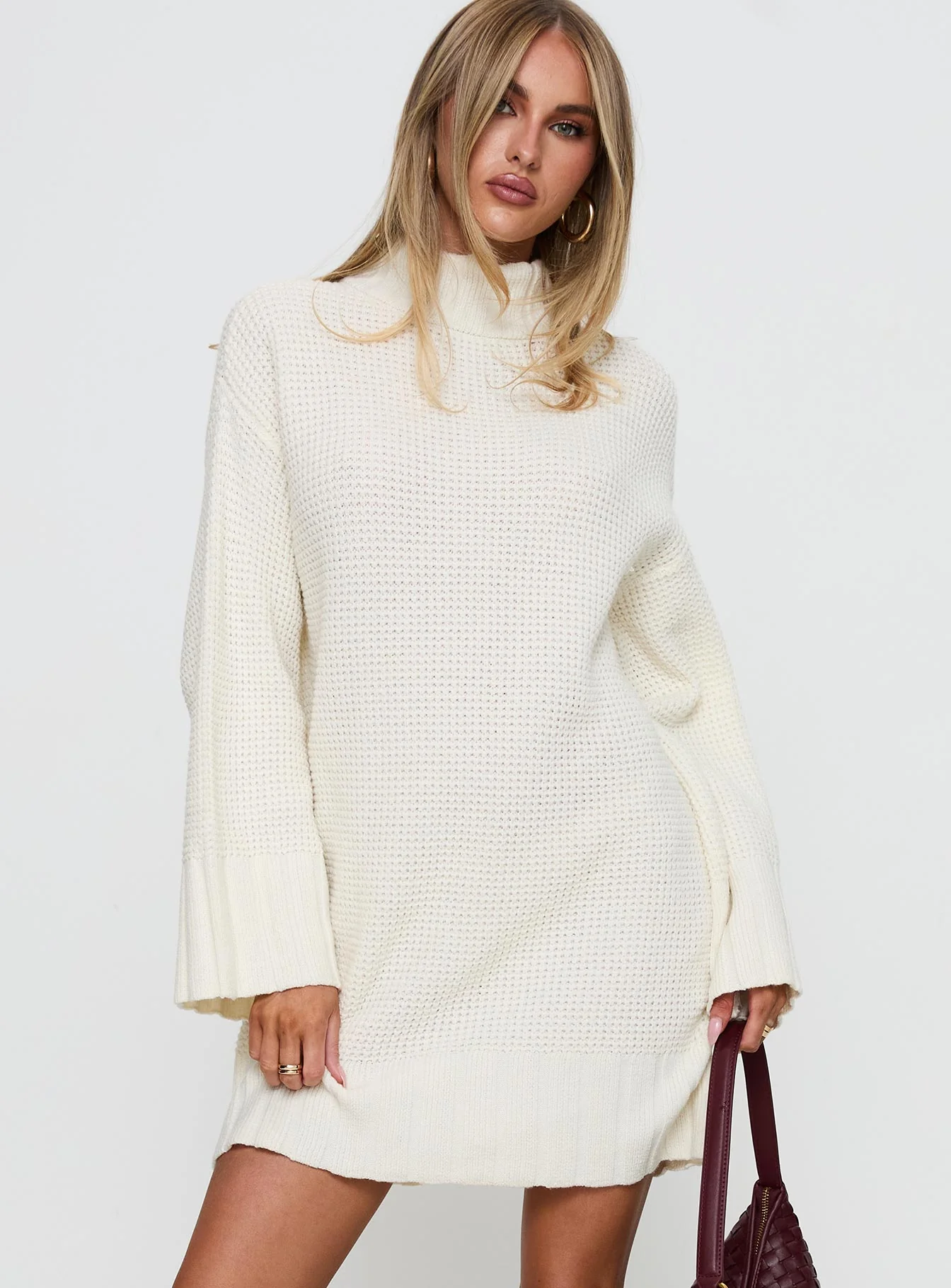Tarin Long Sleeve Knit Mini Dress Cream - Image 2