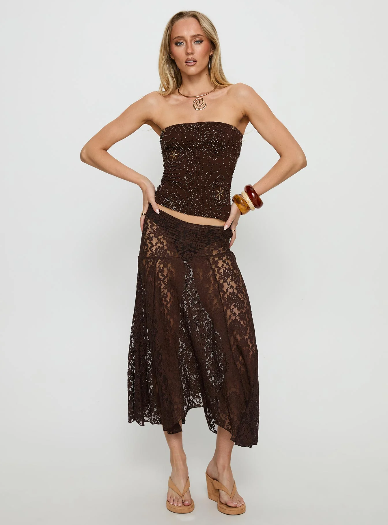 Vania Bead Detail Strapless Top Chocolate - Image 3