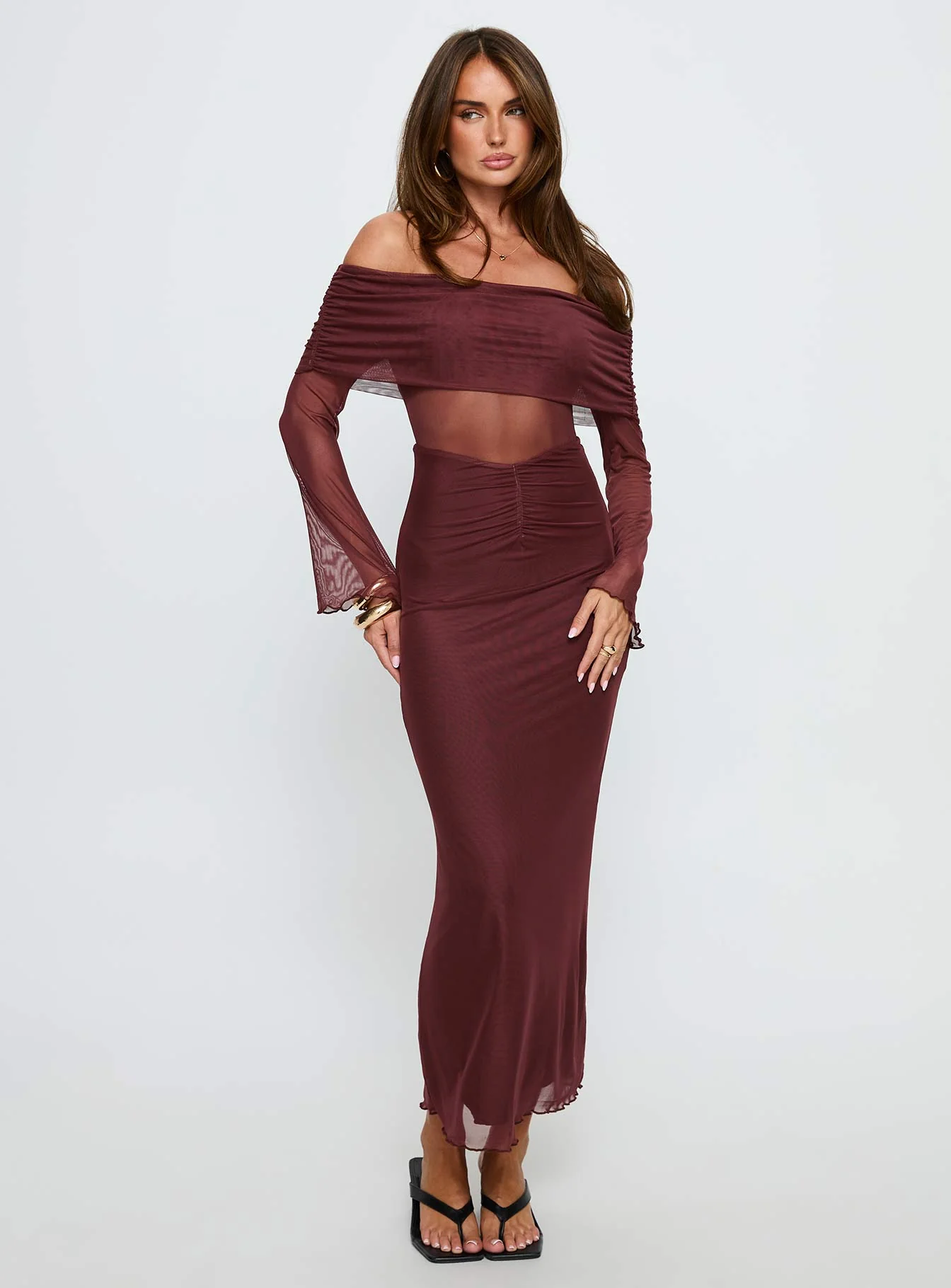 Velouria Off Shoulder Long Sleeve Maxi Dress Brown - Image 2