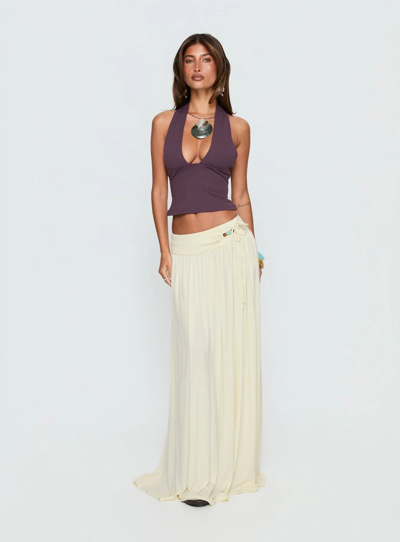 Velvet Storm Tie Detail Flowy Maxi Skirt Cream - Image 3